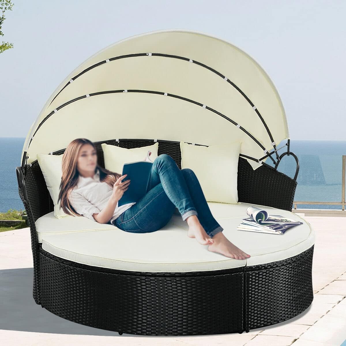 Outdoor Patio Sofa Furniture Round Retractable Canopy Daybed Black Wicker Rattan