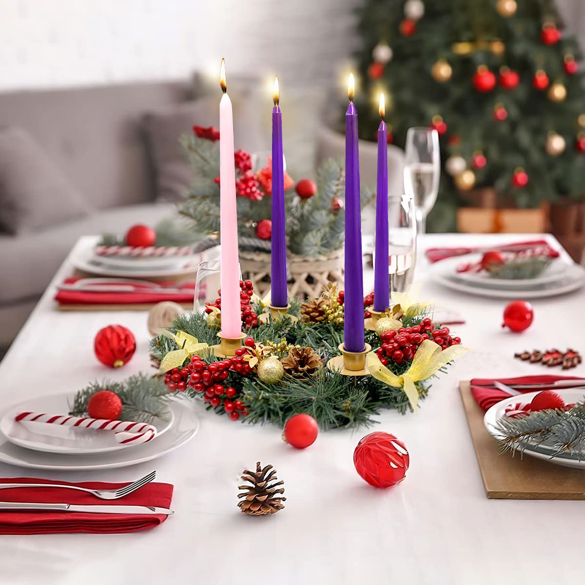 Advent Candle Set - 4 Pack of 10-Inch Taper Candles (3 Purple, 1 Pink) for Christmas Advent Wreath, Unscented, Dripless, and Smokeless