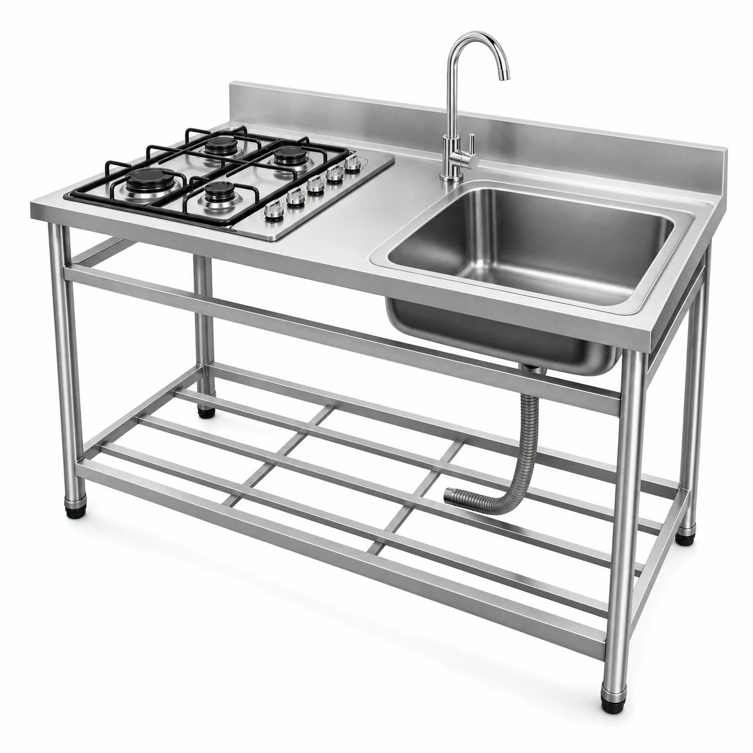 GrecoShop Lavello Cucina da Esterno in Acciaio Inox con Piano Cottura 4 Fuochi, Vasca con Gocciolatoio Reversibile, Fontana Inclusa, Mensola Inferiore e Tubo di Scarico, Cucina Outdoor 150 cm
