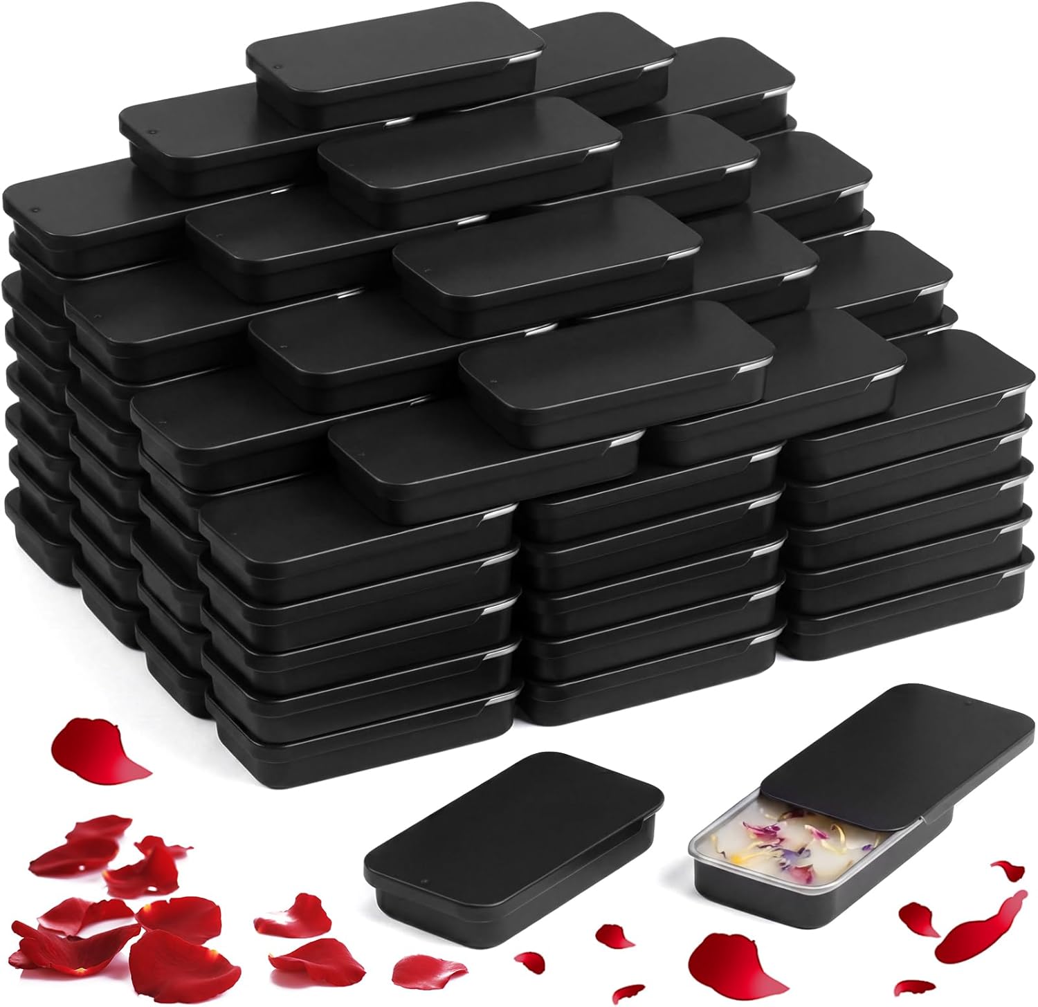 Norme 100 Pcs Black Slide Top Small Tin Containers Rectangular Cosmetics Metal Boxes Small Lip Balm Containers Tin Box Metal Tins with Lids for Lip Balm Jewelry Crafts Pills, 3.15 x 1.38 x 0.43"