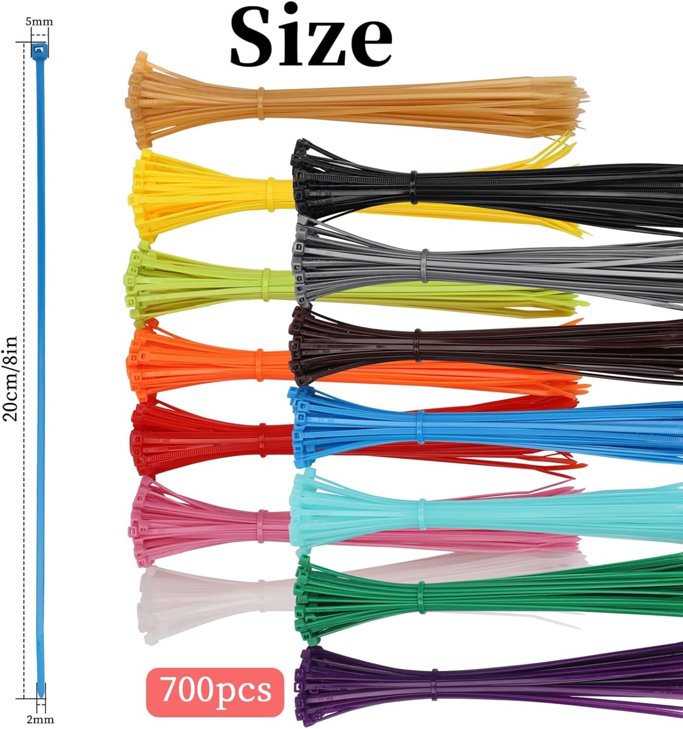 700 Pieces Colored Zip Ties 8 Inch Multi-Purpose Self-Locking Nylon Cable Ties in 14 Different Colour, Assorted Cord Management Bands for Chicken Leg Home Office Garden Workshop