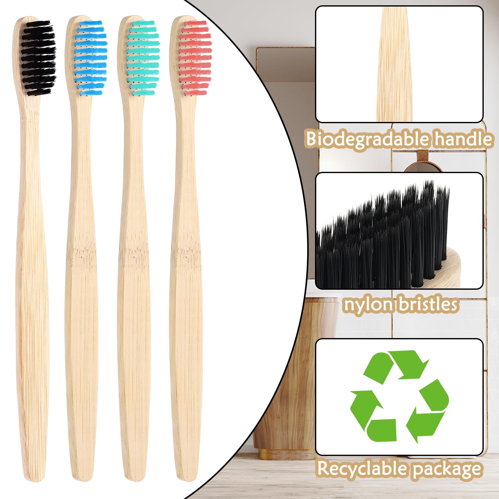 Vesici 200 cepillos de dientes de bambú a granel de cerdas suaves con micro pelo ultra madera de bambú cepillo de dientes manual para adultos, viajes, familia, hotel, empaquetado individualmente
