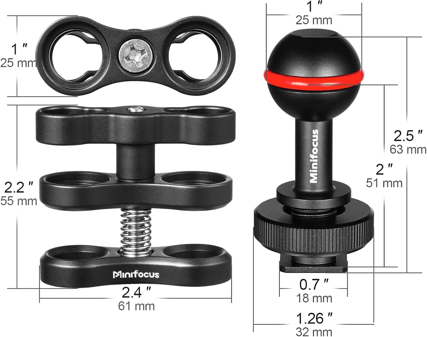 MINIFOCUS 1'' Ball Clamp Mount with Cold Shoe Ball Mount Head Base Adapter Connector for Diving Light Arm Underwater Camera Waterproof Housings Case Video/Flash/Strobe Hot Shoes