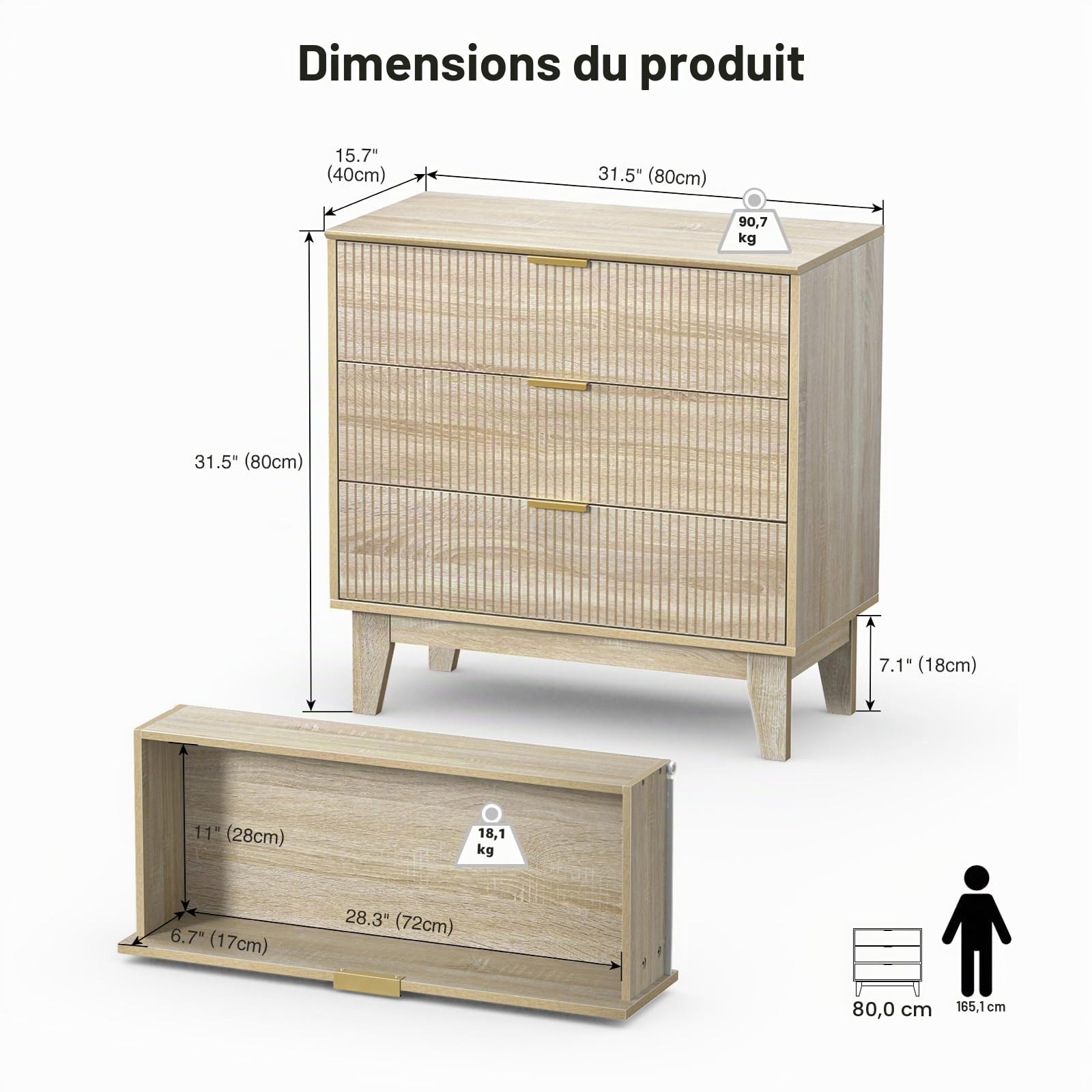 Commode en Bois à 3 tiroirs, Commode de Chambre pour Enfant, Adulte, Poignée en Métal, Antidumping, pour Chambre à Coucher, Salon, Chambre d'enfant et Bureau