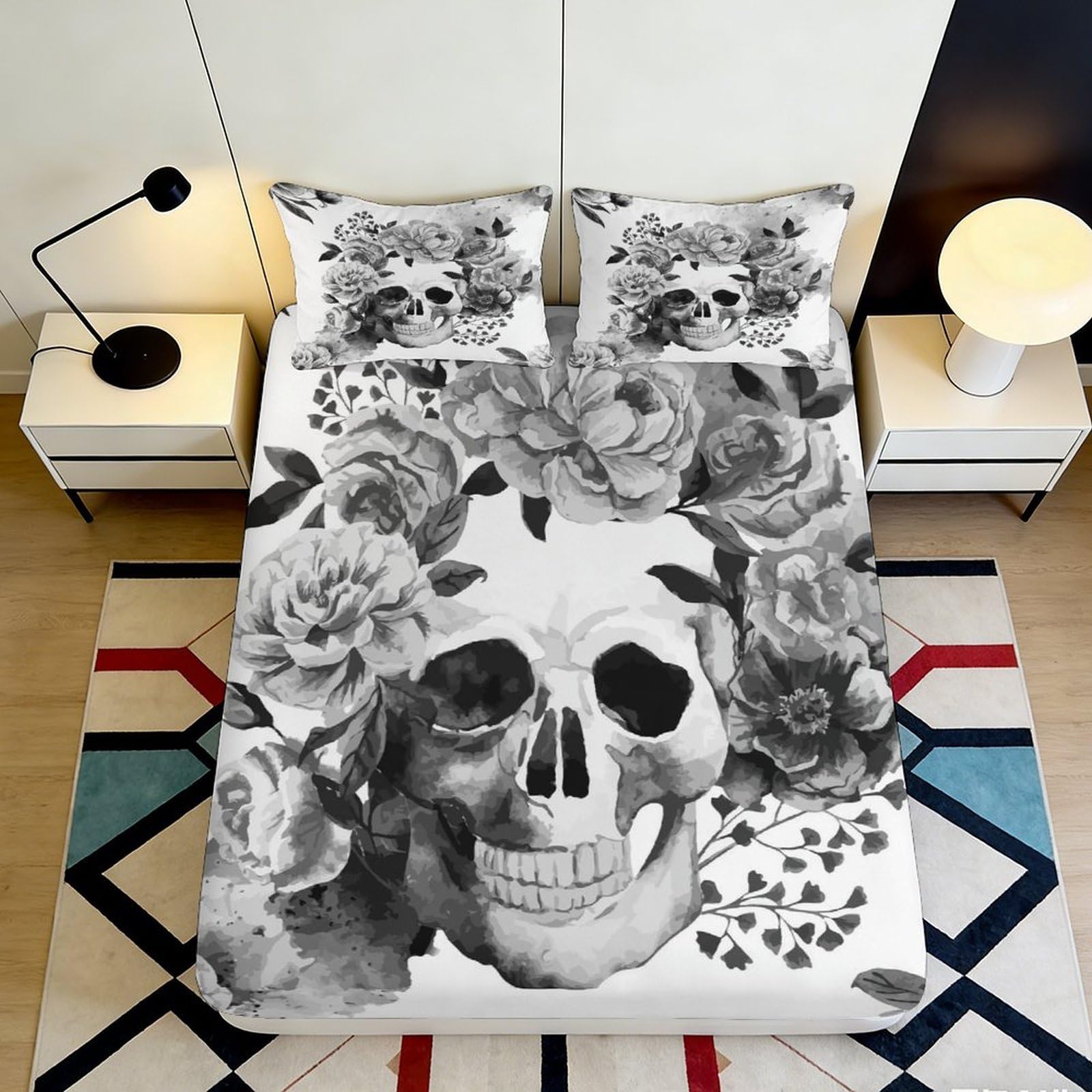 Jqzkxnhpbr Style-8 3D Printed Skull Floral Fitted Sheet Microfiber Soft Artistic Bed Cover For Bedroom Guest Room Decor Protection 90X200x25cm