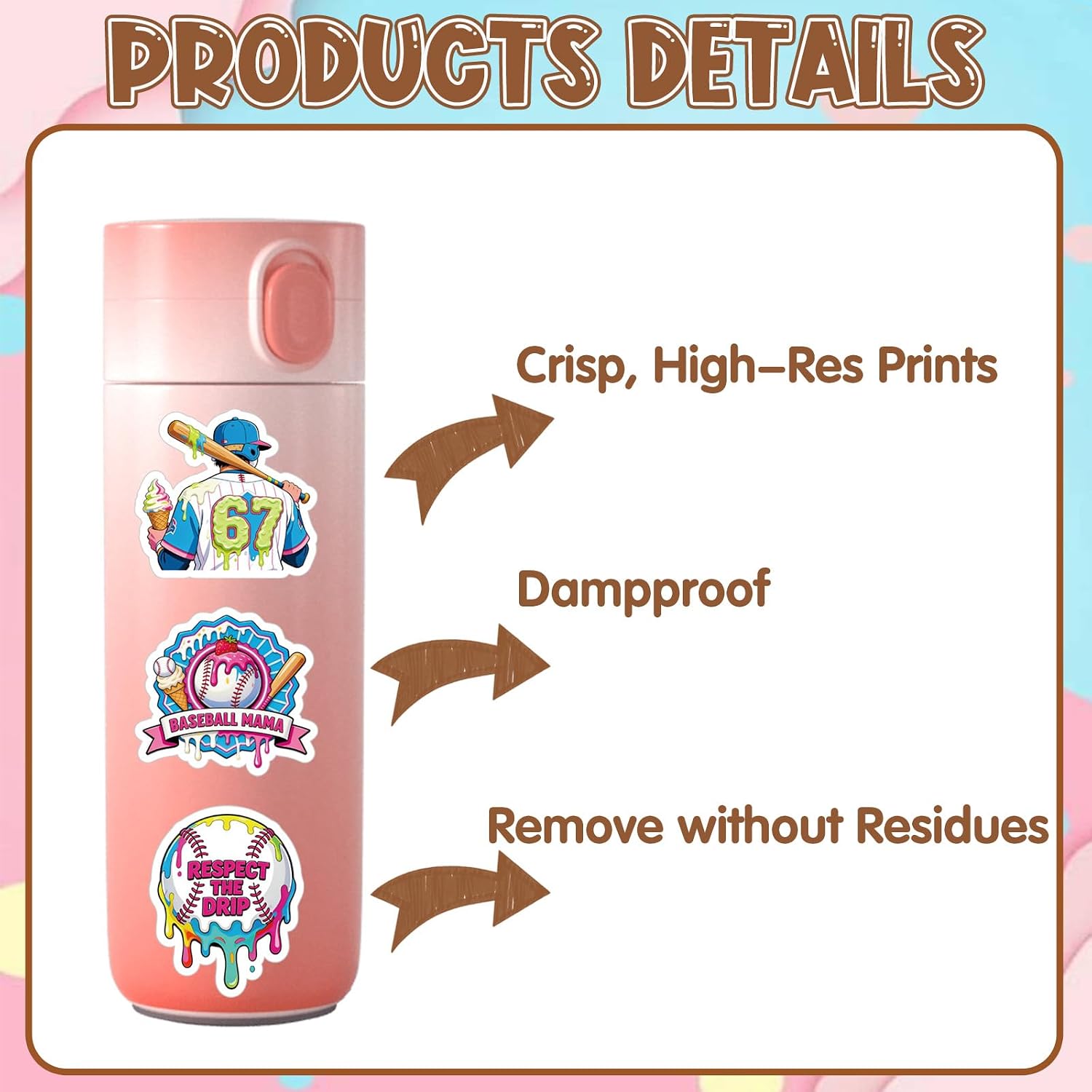 100Pcs Ice Cream Drip Baseball Stickers | 20 Cute Designs | Vinyl Dampproof Decals for Water Bottle, Laptop, Phone | Fun Party Favors, Gift Ideas for Teens image 3