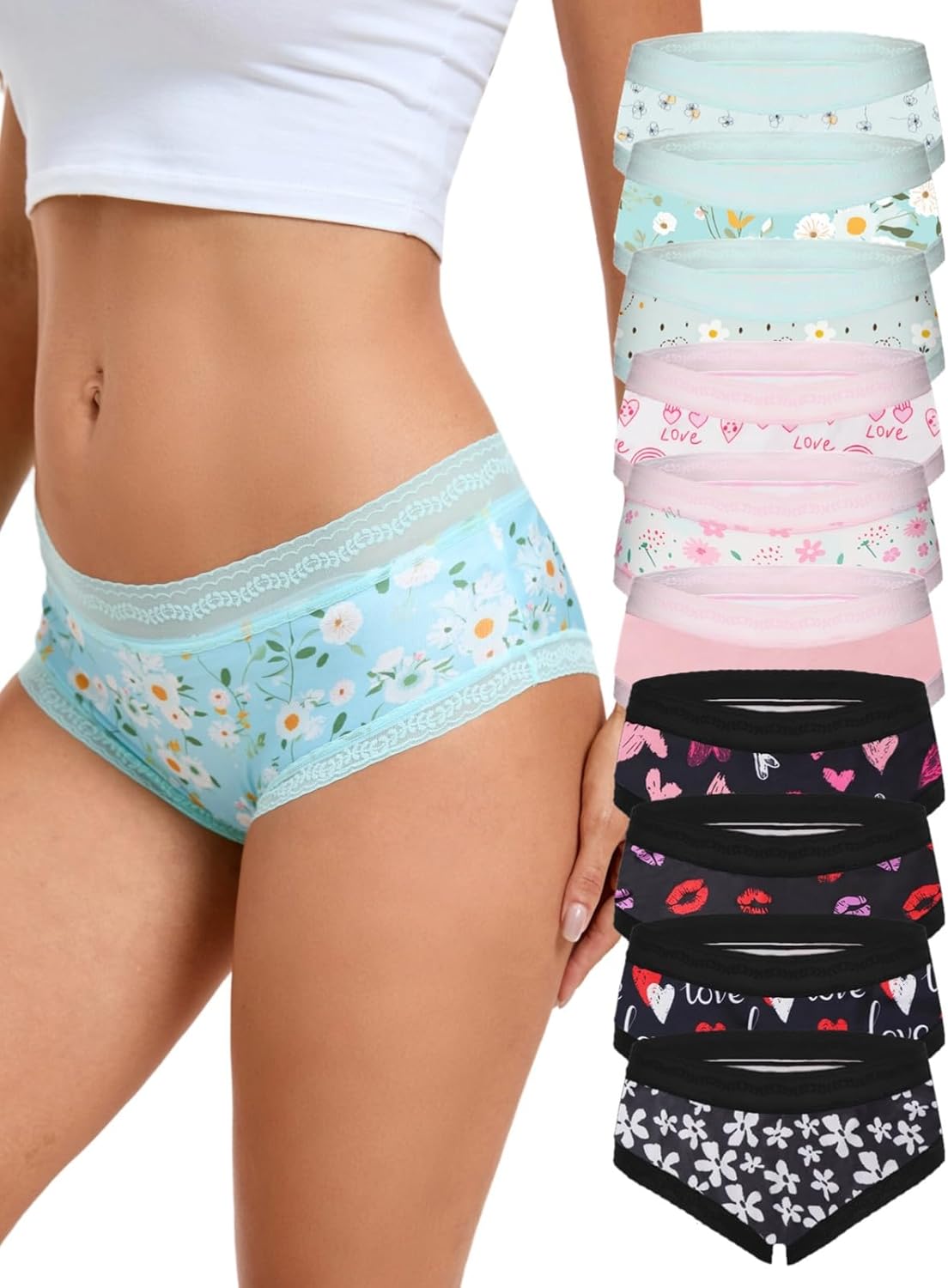 Morvia 10-Pack Women's Floral Print Romantic Lace-Trimmed Hipster Panties Breathable Landies Underwear Panty Set