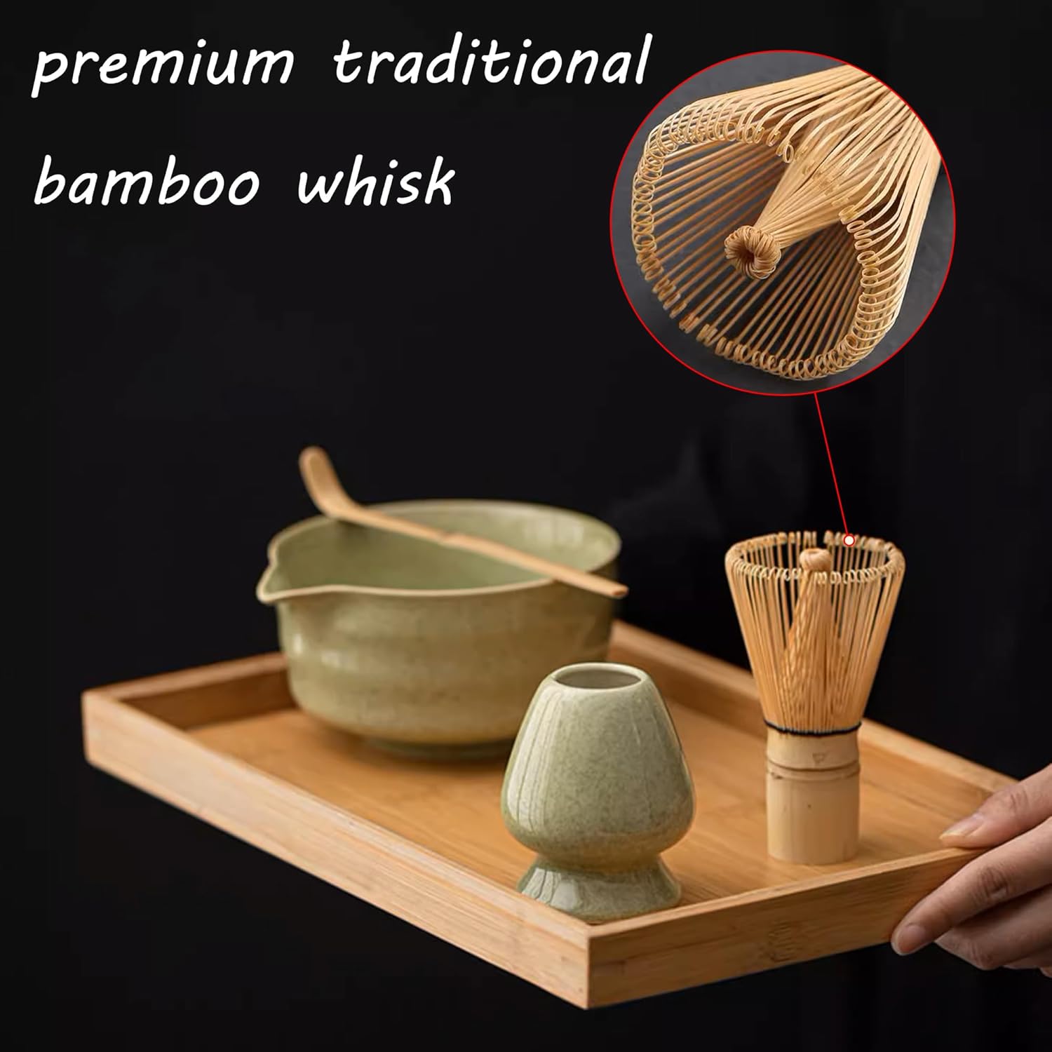 Matcha Whisk Set, Matcha Bowl with Spout, Matcha Whisk and Holder, Bamboo Matcha Scoop and Stainless Steel Sifter - 5 Pcs Mottled Green Kit Gift for Birthday Christmas - Image 4