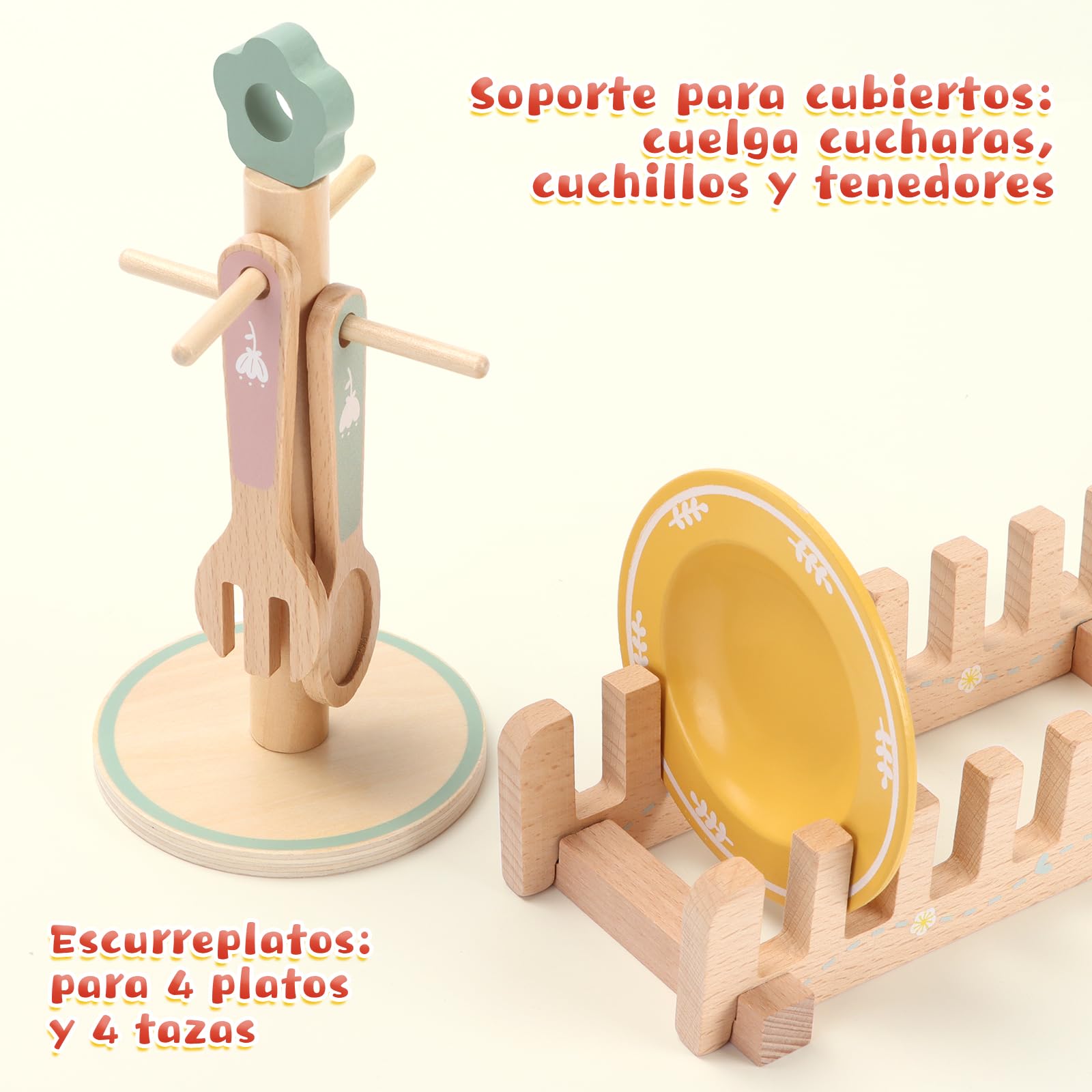 Charmofun Accesorios de Cocinita de Madera para Niños, Juguetes de Cocina de Madera, Accesorios Cocina Juguetes con Platos y Vajilla Regalo para Niñas y Niños de 3 a 8 Años