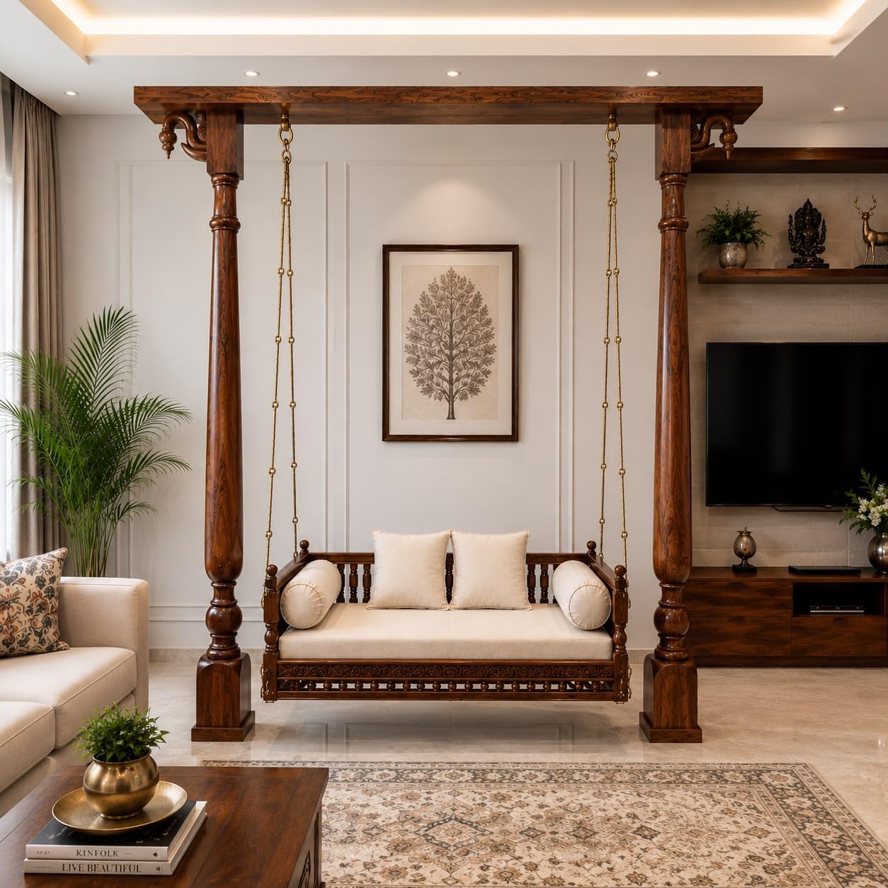 Royal Sheesham Wood Temple Swing with Stand | Solid Wood Handcrafted Indoor Jhula with Carved Pillars, Brass Finish Chains & Cushioned Seat | Premium Freestanding Swing for Living Room (Honey Finish)-image-16