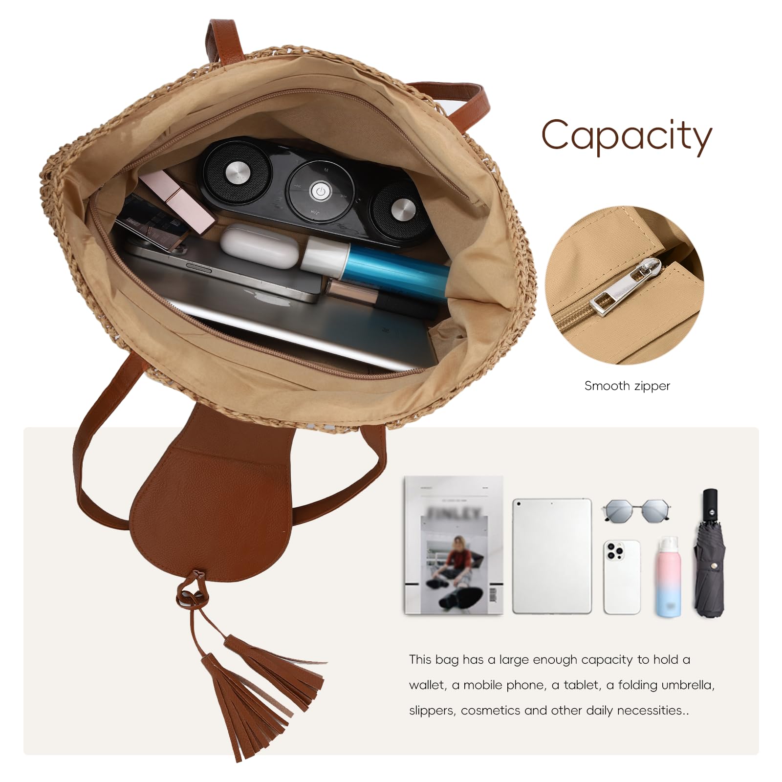 Sac Fourre-tout en Paille pour Femme Sac à Main Tendance pour La Plage Sac à Bandoulière Tissé Tendance pour Les Vacances