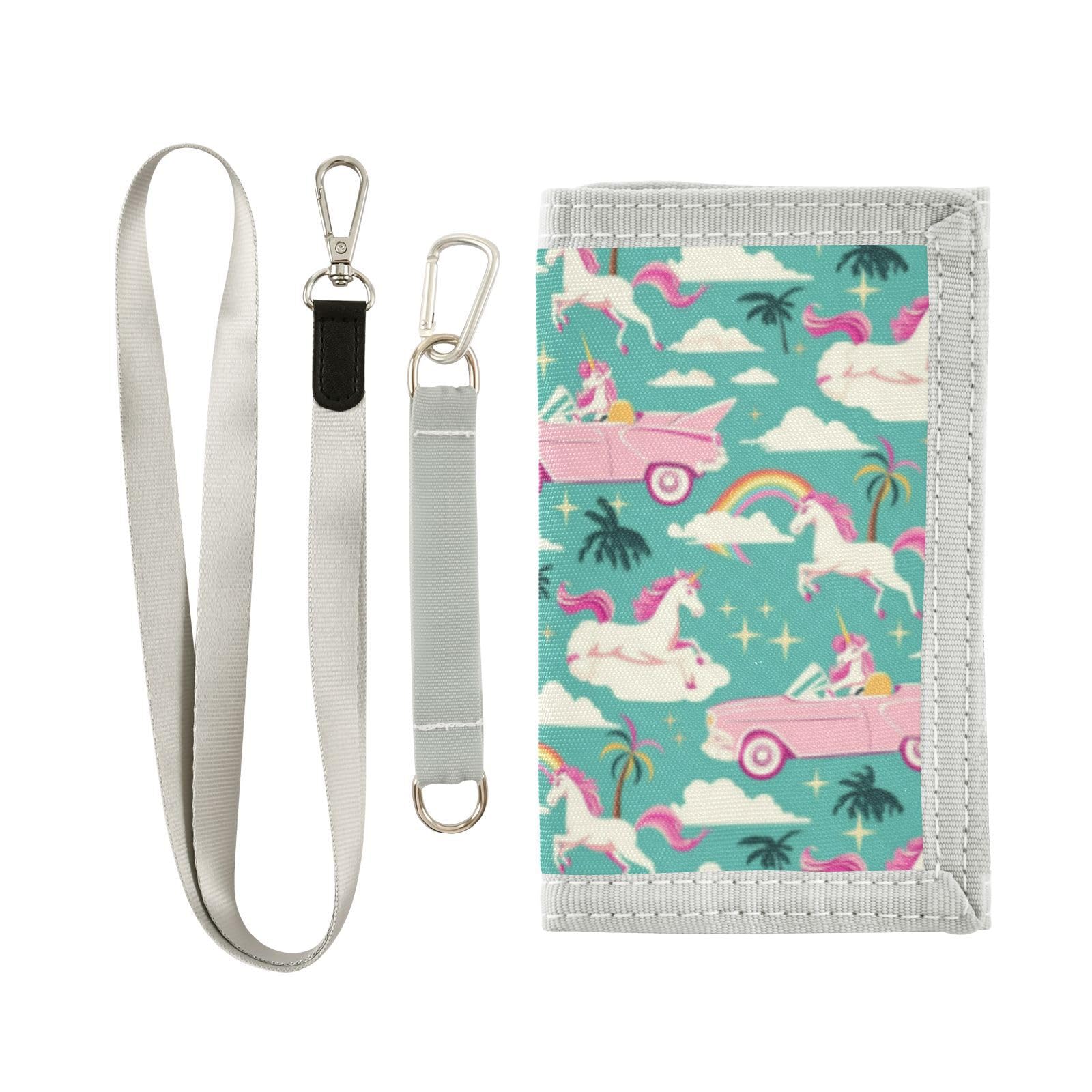 Wusikd Unicorns Vintage Kids Wallet for Boys Girls Pink Palm Trees Toddler Trifold Wallet Novelty Wallet for Teens Women Men