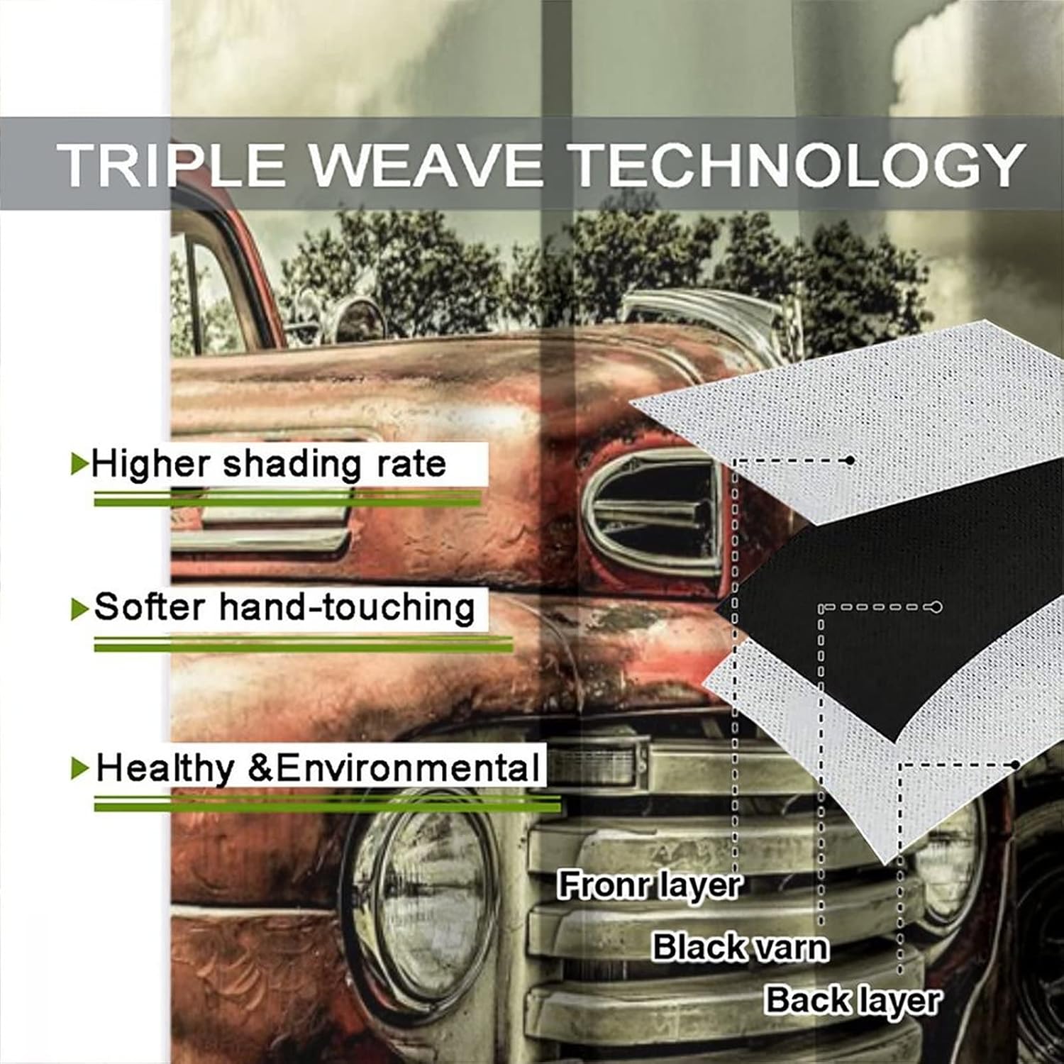 Vintage Car Curtains,Retro Rustic Truck Antique Red Old Truck Noise Cancelling Curtains for Kids Boys Girls Bedroom Living Room Curtains, 2 Panels,42x45in