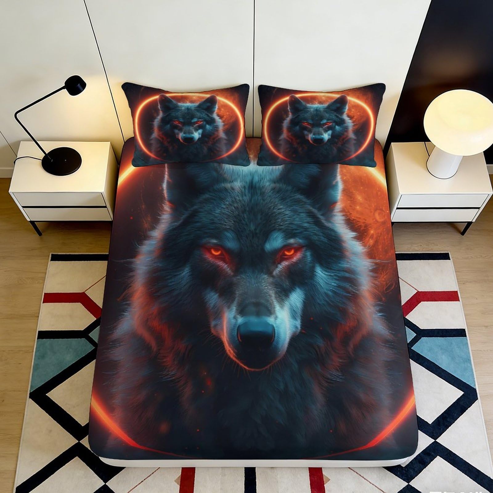 3D Printed Wolf 3D Printed Fitted Sheet Microfiber Soft Breathable Neon Moon Bed Cover for Bedroom Dormitory Guest Room Mattress Protection Decor 180x200x25cm