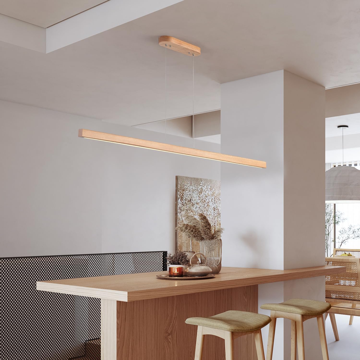 YISDESIGN 59" Wood Linear Pendant Light Fixtures Led Dining Room Chandelier Linear Kitchen Island Hanging Lights Dimmable Modern Pendant Light for Dining Room Kitchen Island Pool Table Lights Natural