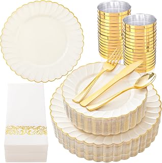YOUBET 175PCS Ivory Scalloped Plastic Plates - Gold Disposable Dinnerware Set Include 50 Plates, 75 Gold Silverware, 25 Cups, 25 Napkins for Party & Wedding & Thanksgiving