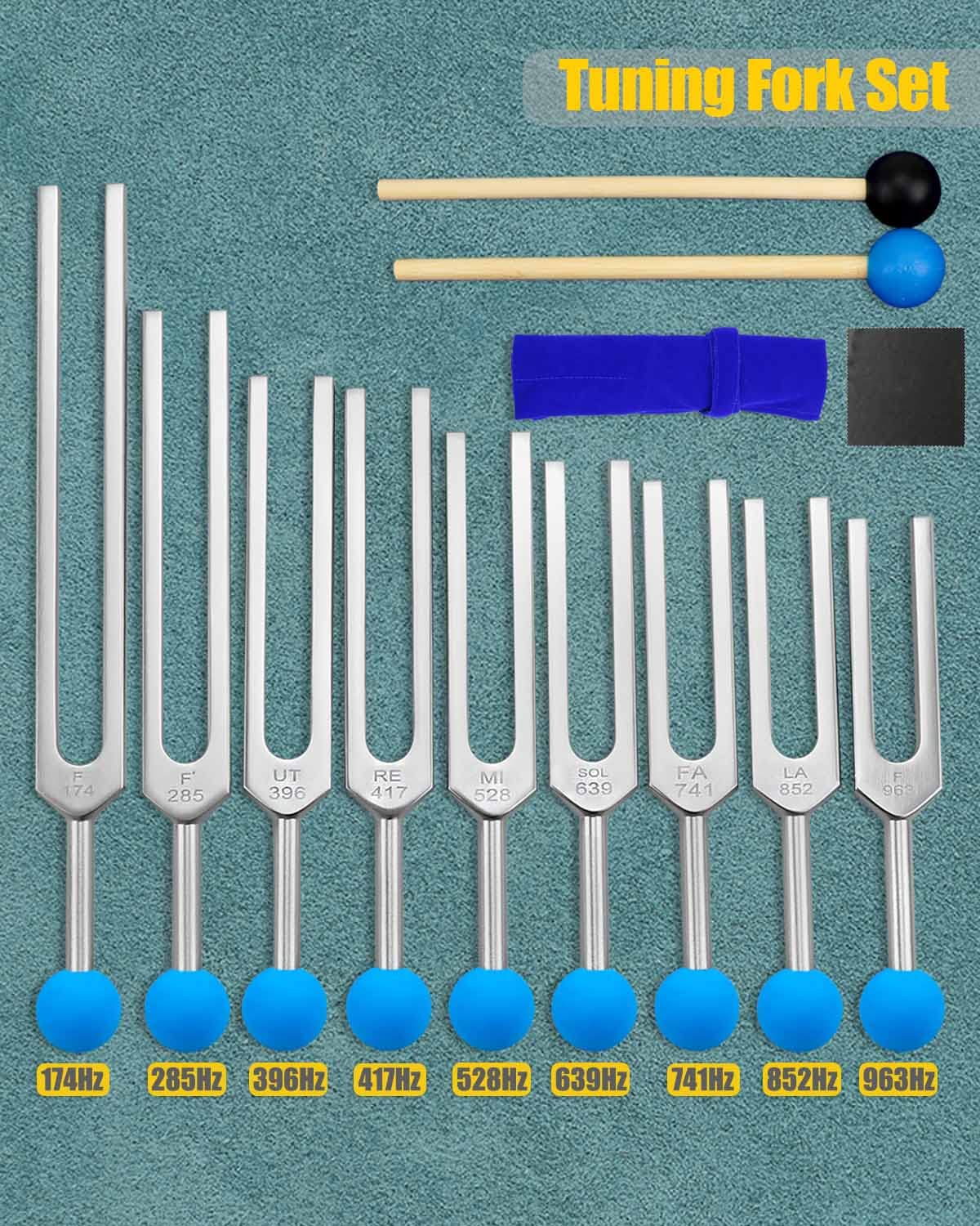 Stimmgabel-Set, 9-teilig, Stimmgabeln mit Reflexhammer für DNA-Heilung, Chakra-Soundtherapie, für Buddhisten, Yogalehrer, Klangheiler (174 Hz, 285 Hz, 396 Hz, 417 Hz, 528 Hz, 639 Hz usw.) | Enthält 174 Hz, 285 Hz, 396 Hz, 417 Hz, 528 Hz, 639 Hz, Frequenze