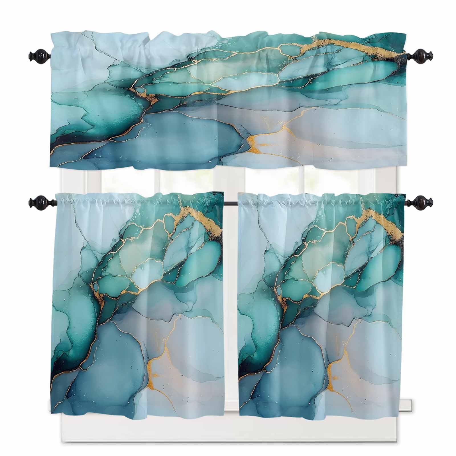 Turquoise Gold Marble Kitchen Curtains 36 Inch Length, 3 Piece Rod Pocket Small Half Tiers and Valance Set, Abstract Teal Modern Geometric Small Large Window Treatment Decor for Bedroom/Bathroom Sink
