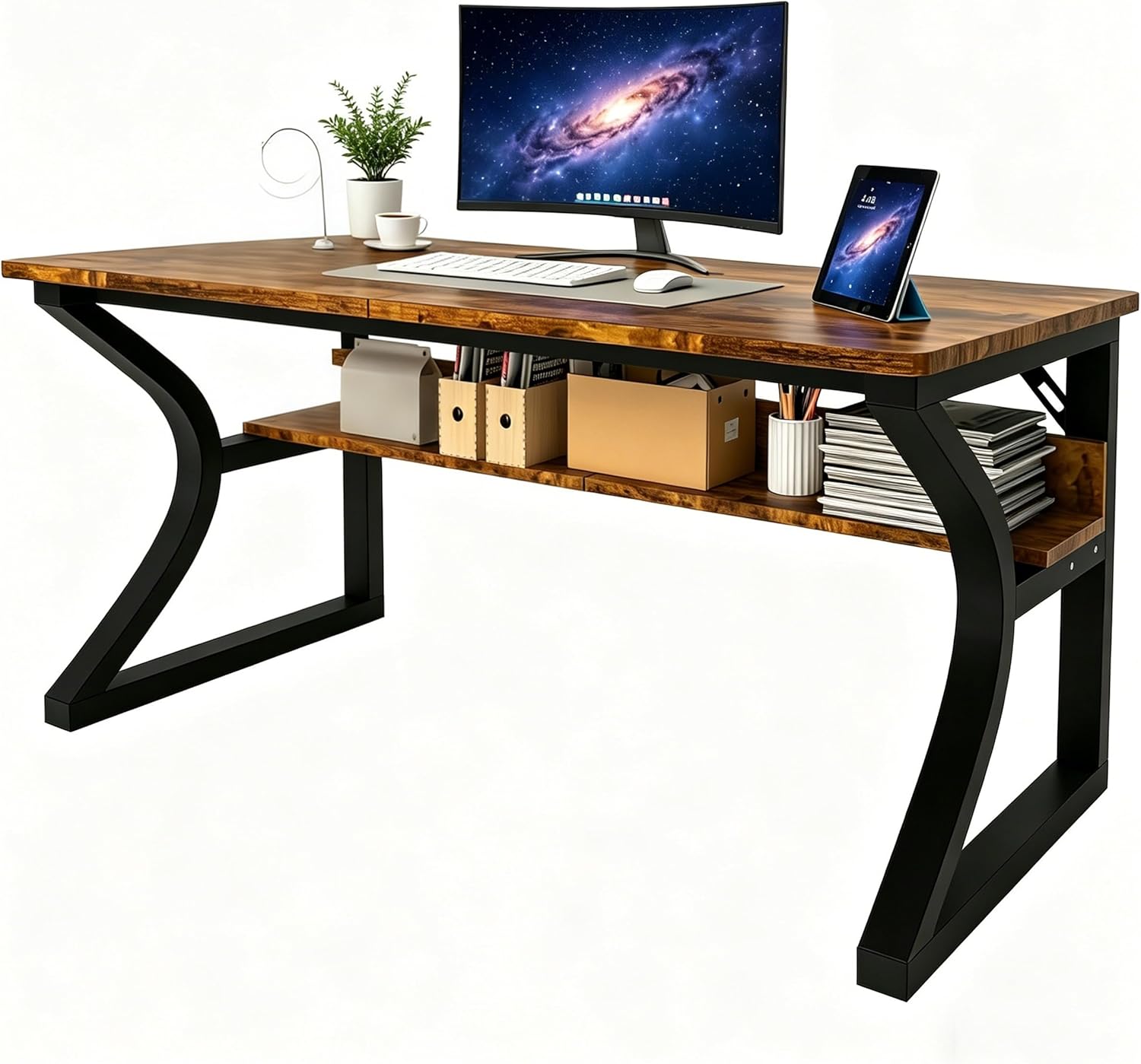 55'' Computer Desk Home Office Desk with Storage Shelf, Writing Study Desk for Small Space Sturdy Metal Frame Work Desk for Bedroom Home Office (Brown, 55inch)