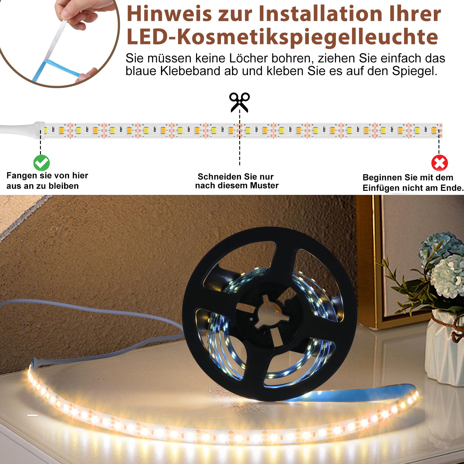 LED Spiegelleuchte Mit 42 LEDs - Dimmbares Schminklicht Mit USB, 3 Helligkeitsstufen Für Bad & Frisiertisch