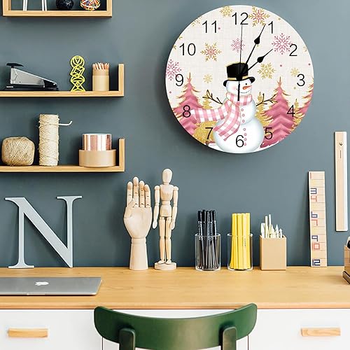 Miniatura 5 de Reloj de pared silencioso sin tictac de 10 pulgadas, color rosa, árbol de Navidad, muñeco de nieve, copo de nieve dorado, funciona con pilas,