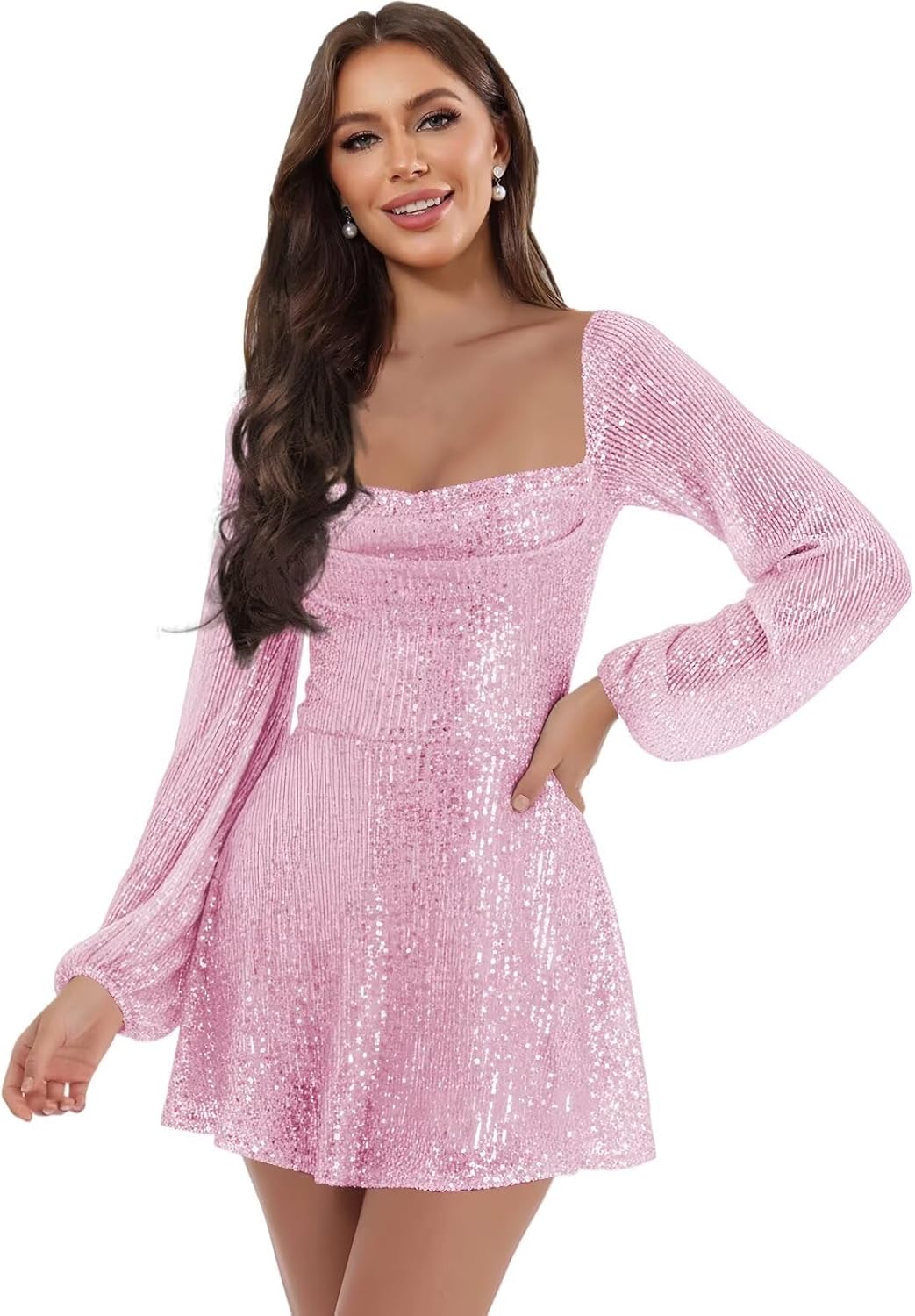 Short Sparkly Homecoming Dress for Teens Long Sleeve Sequin Cocktail Party Gown 2026 Women's Square Neck Prom Dress