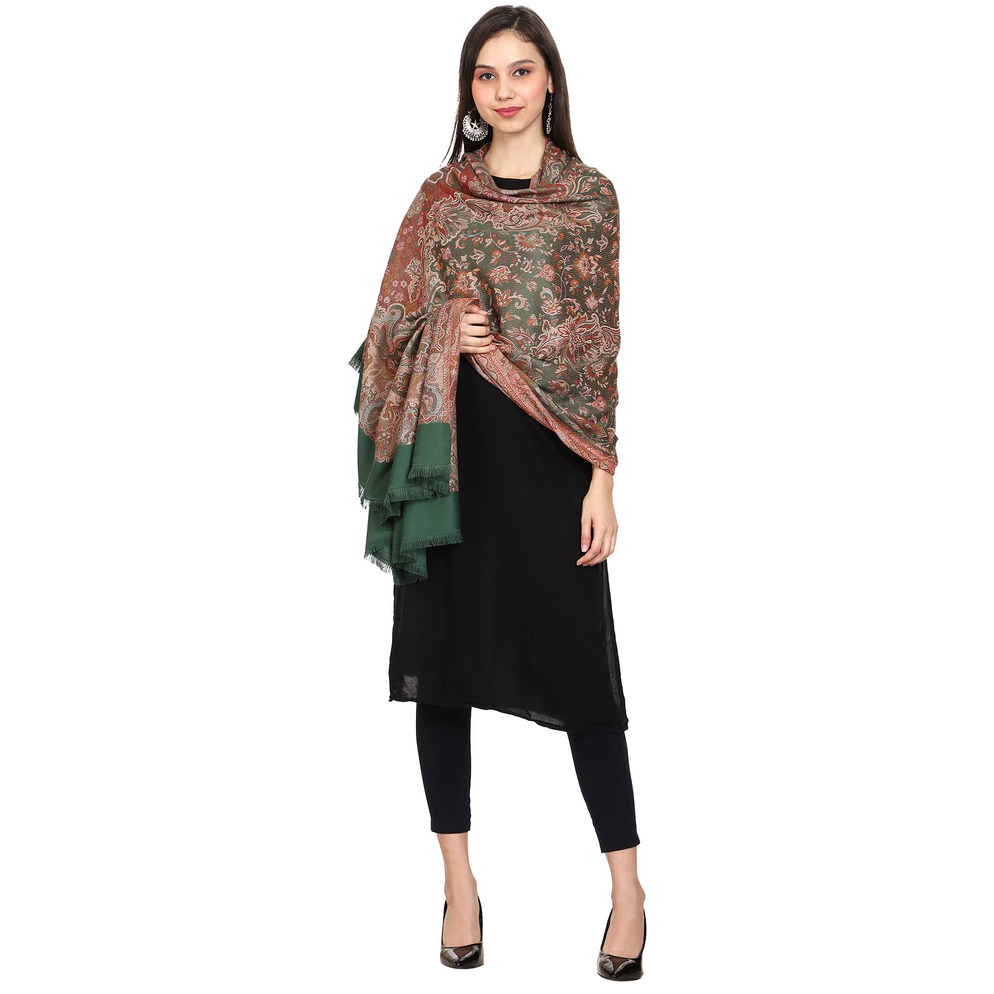 SWI STYLISH Women’s Kashmiri Jamawar Inspired Shawl – Warm Silky Soft Polyester Winter Wrap (100x200 cm) Large Designer Shawl for Ladies (Bottle Green) 1
