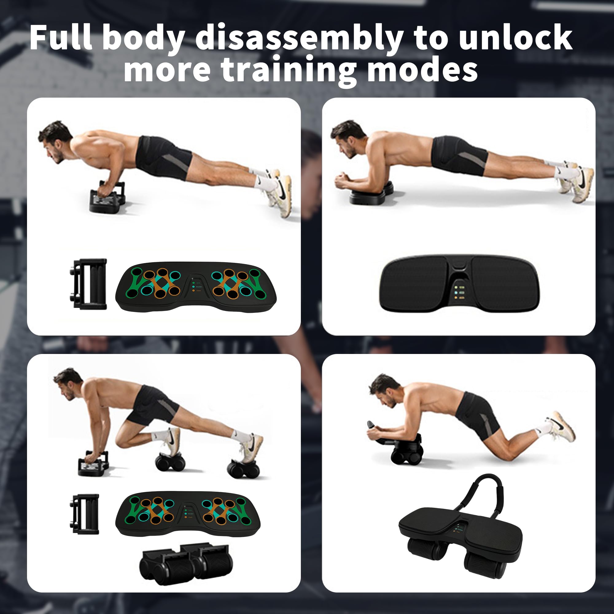 Rueda de ejercicio con retorno, rodillo de abdominales desmontable 4 en 1 para flexiones, tablas, escalador de montaña y modo de rodilla, incluye soporte para el codo y rodillera