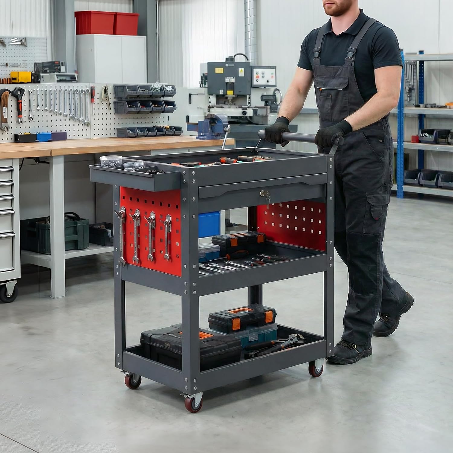ALANNG 330 LBS Rolling Tool Cart with 1 Drawer & 3 Shelves | Heavy Duty Mechanic Cart Includes 7 Hooks, 2 Pegboards & Screw Organizer | Metal Service Cart for Garage Workshop (Grey, 1 Pack)​