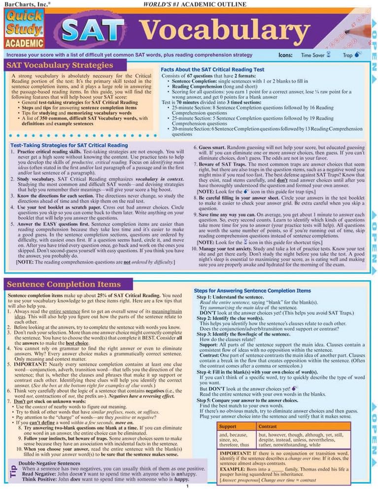 Sat Vocabulary: a QuickStudy Laminated Reference Guide (Quick Study Academic)