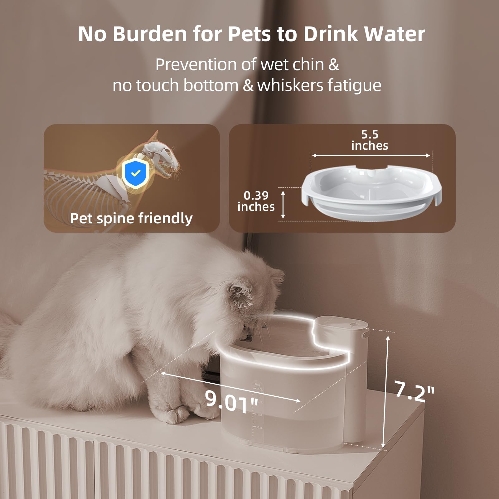 uahpet Cat Water Fountain, Wireless & Battery Operated 2L/67oz Pumpless Automatic Pet Fountain with Motion Sensor, Food-Grade ABS Tray, Easy to Clean Water Dispenser for Cats - image 7