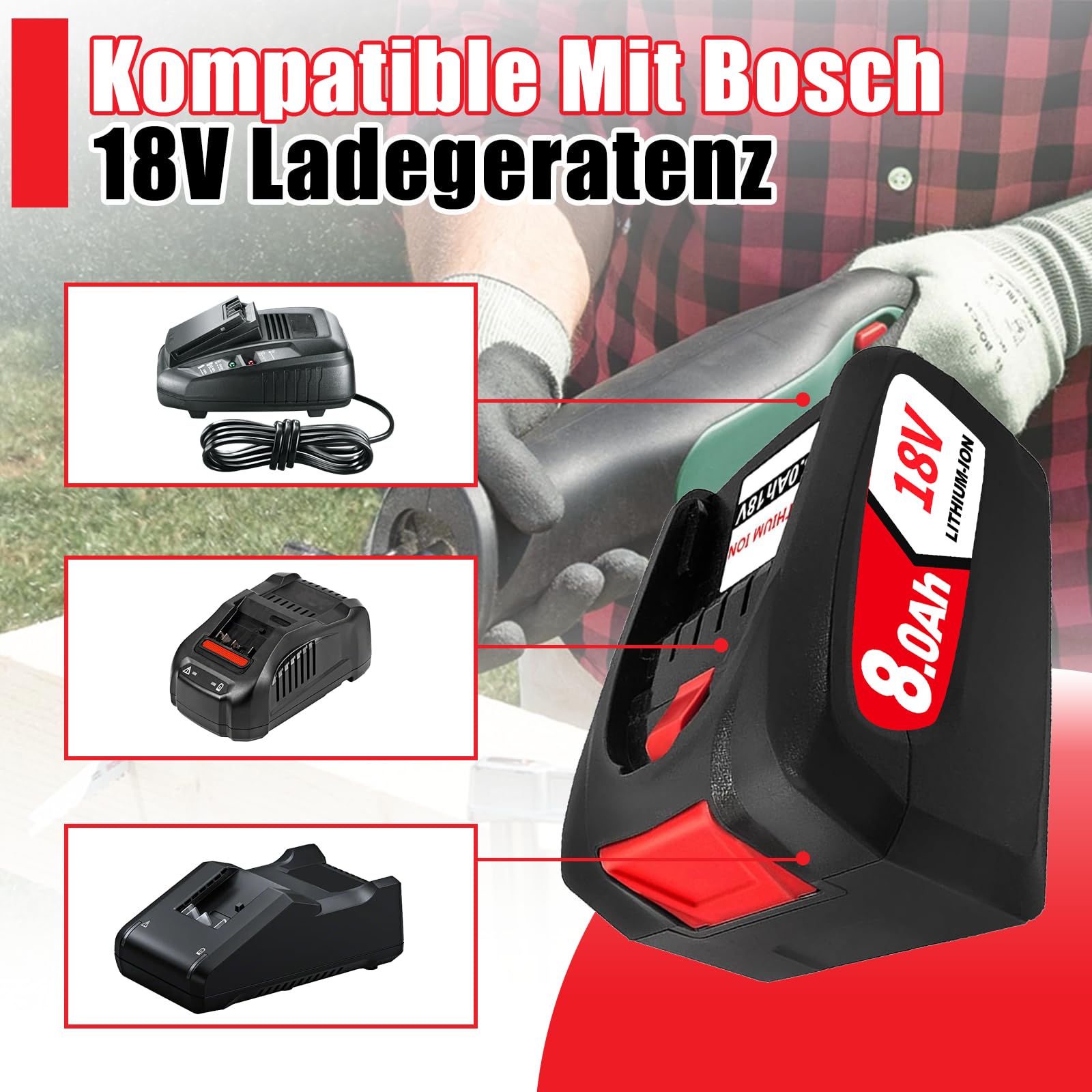 2PCS 18V 8.0Ah Kompatibel mit für Bosch 18V Akku Ersatz für Bosch Akku PBA PSB PSR Li-ion Home and Garden AL1810 CV, AL1815 CV, AL1830 CV, AL1880 CV