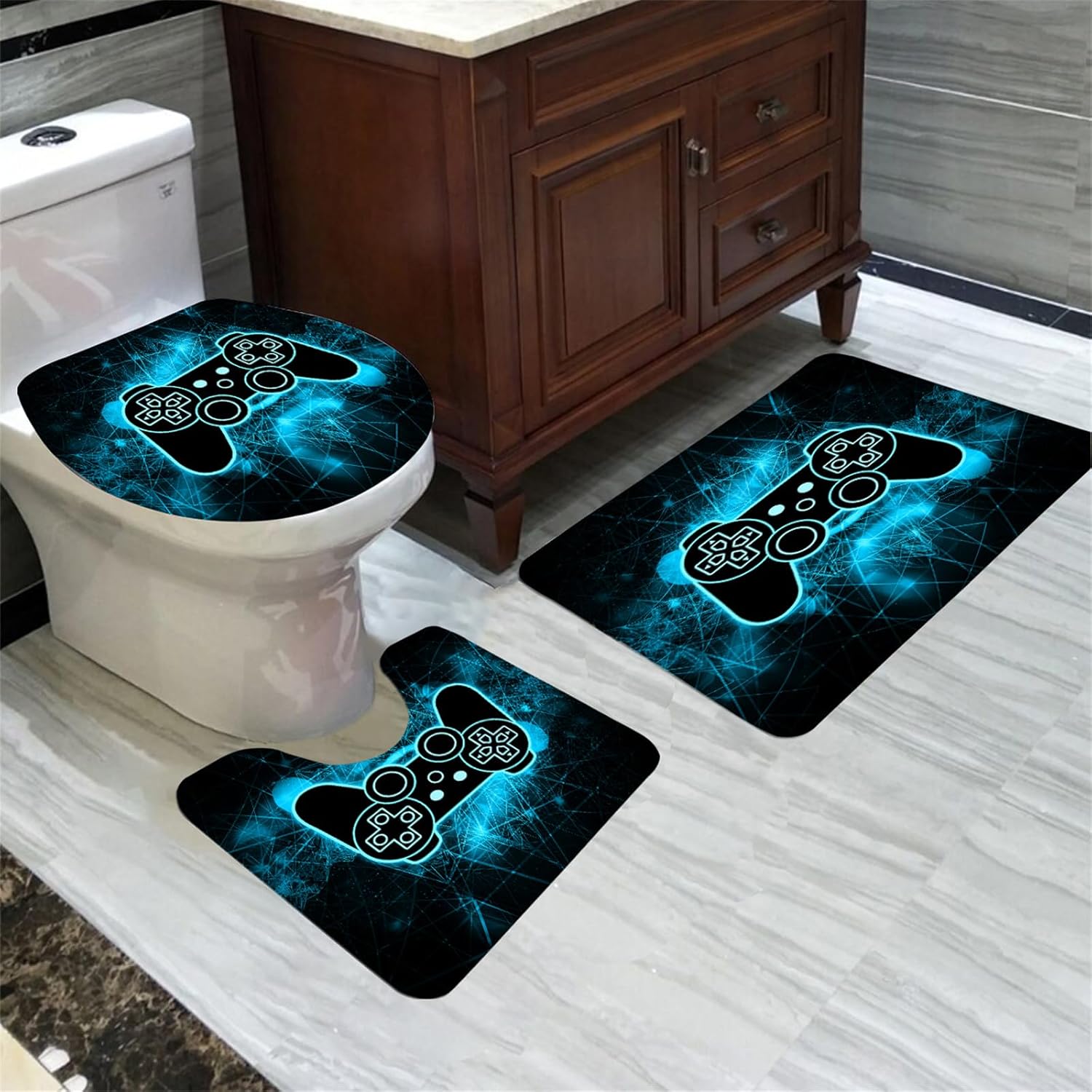 BATATADOCE Game Shower Curtain for Boy - Gaming Shower Curtains Sets with Shower Curtain and Rugs Kids Bathroom Set Gamer Shower Curtains for Bathroom Decor,Blue 70x70 Inch