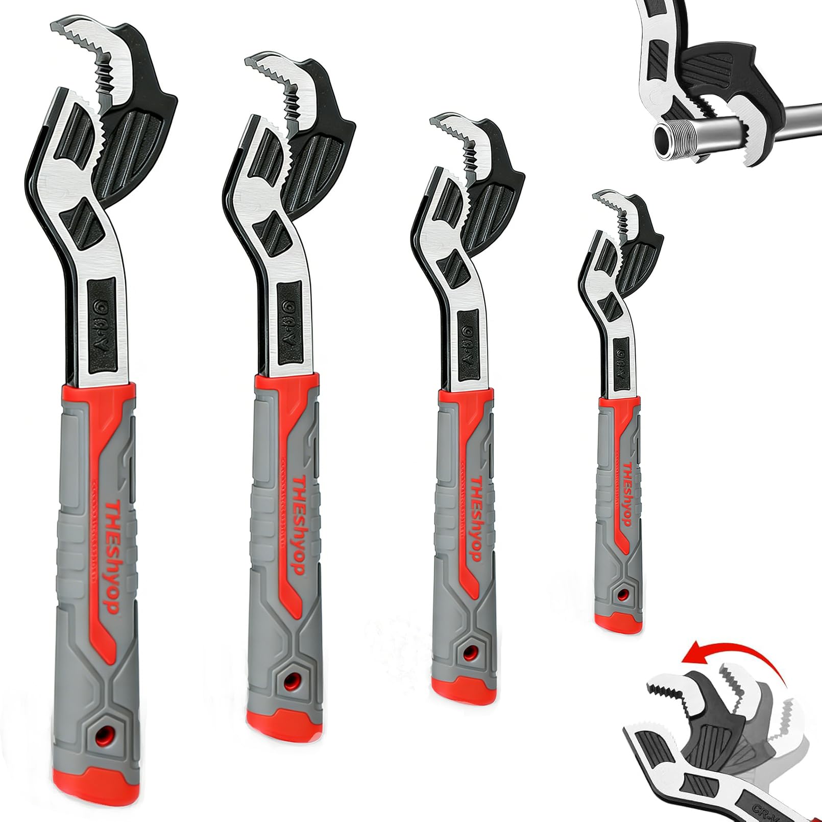THEshyop 4 Pcs Self-Locking Pipe Wrench Tool, 6" 8" 10" 12", Multifunctional, Non-Slip Handle, Ratchet, Chrome Vanadium Alloy Steel, Universal