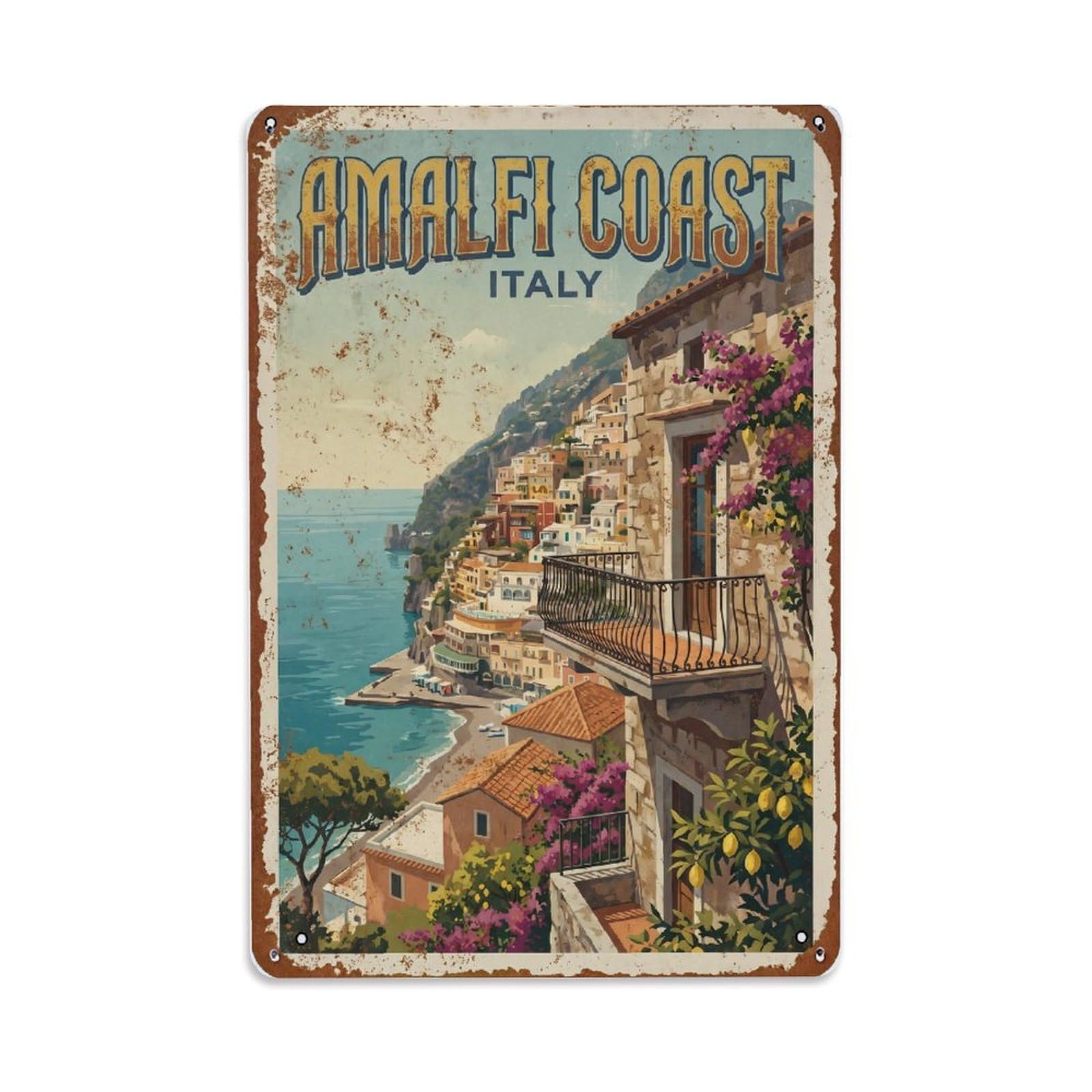 Vintage Travel Dwelling Italy Cliffside Metal Tin Sign Plaque Wall Decor for Cafe, Club Bar, Office, Home Garden Metal Poster 8x12Inch