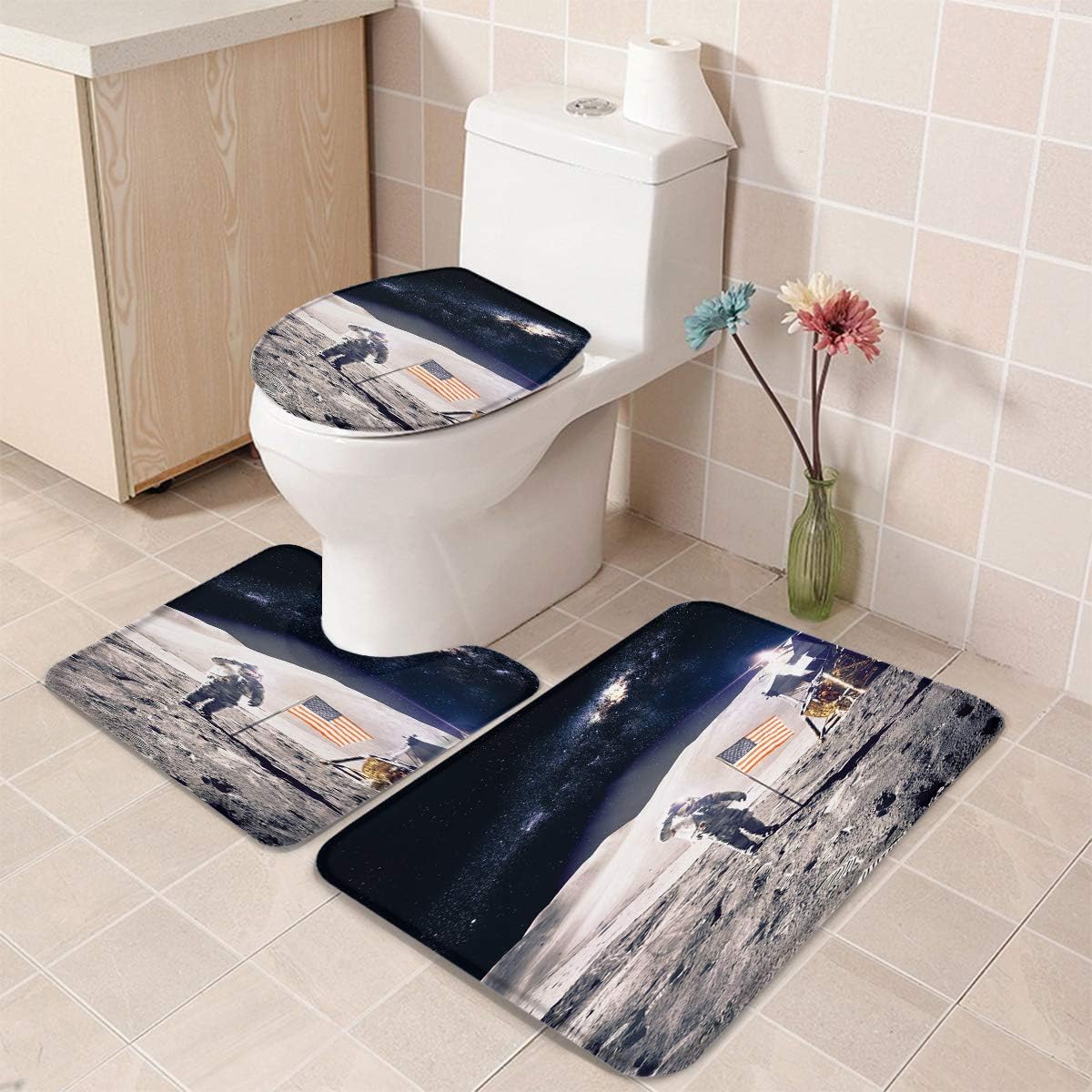 Queenker 3 Pieces Bath Rug Set Toilet Seat Cover Outerine Space American NASA Moon Landing Print Contour Rug, Pedestal Mat and Toilet Lid Cover，Non-Slip Bathroom Floor Mat : Home & Kitchen