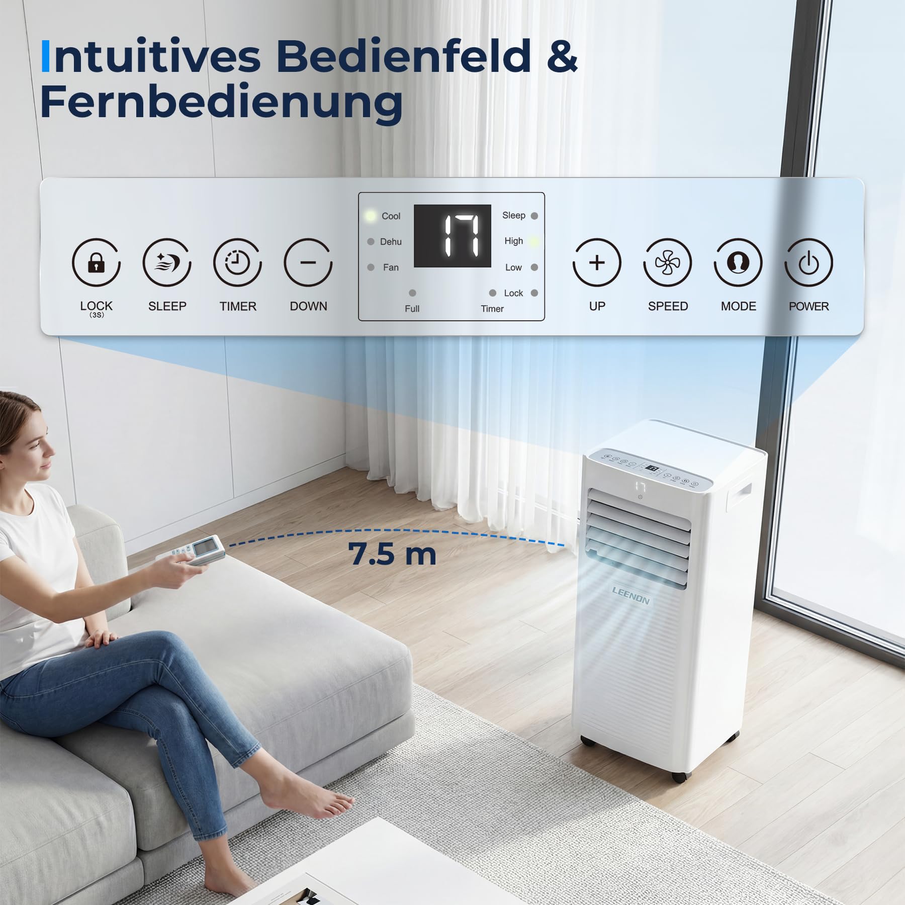 LEENON Klimaanlage Mobil 9000 BTU, Klimagerät mit Abluftschlauch, 4 in 1 Mobil Klimaanlage Entfeuchten mit Abluftschlauch/Fensterkit, Fernbedienung/Timer, Digitales Display, Für Räume bis 35 m²