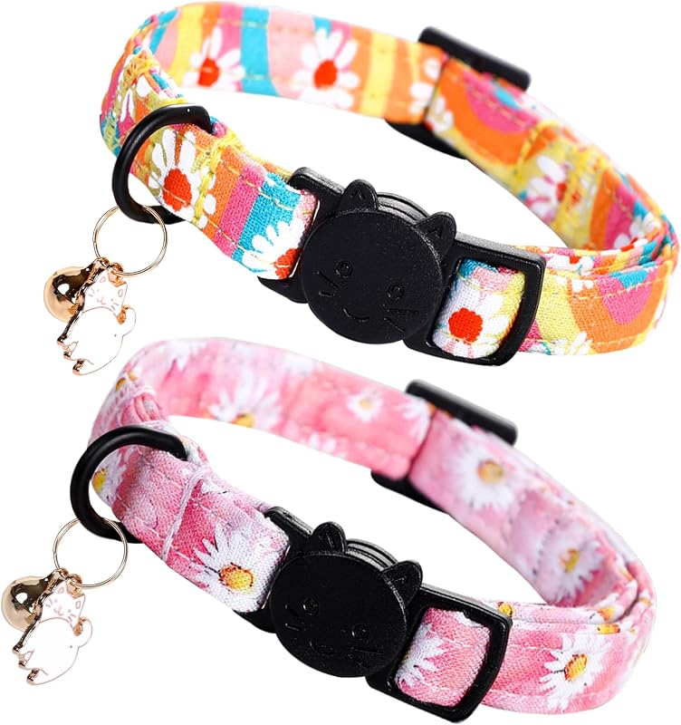 Coleira para Gatos com Fecho de Segurança, Guizo e Pingente Floral Lionheart glory Rosa, Pacote com 2