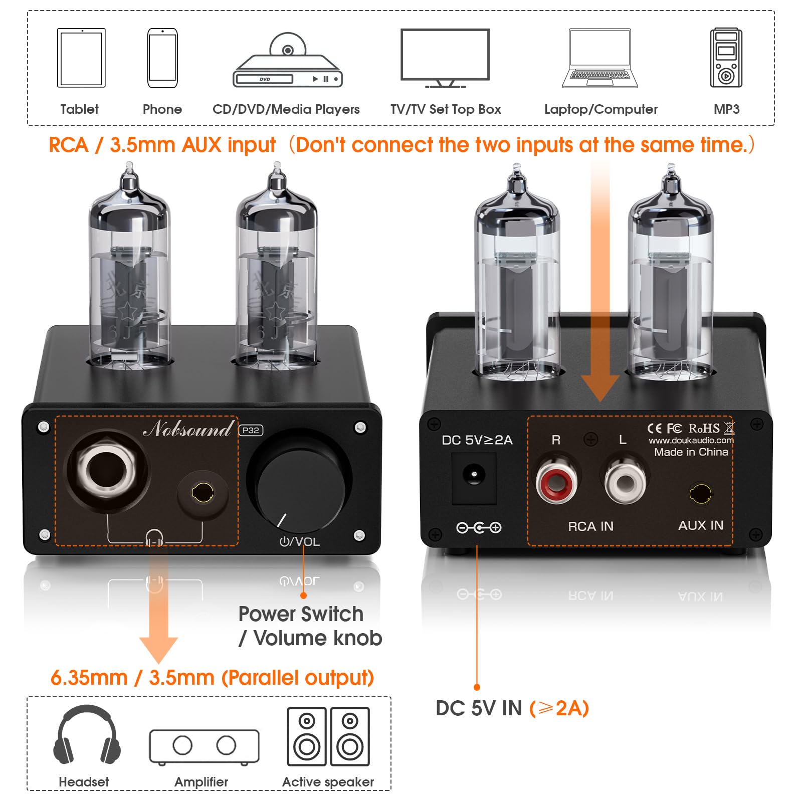 Nobsound P32 lampowy wzmacniacz słuchawek: 1000 mW HiFi Desktop przedwzmacniacz do słuchawek 24-600Ω i wzmacniacz domowy z głośnikami, gniazda 3,5 mm/6,35 mm, wymienne lampy i wzmacniacz operacyjny