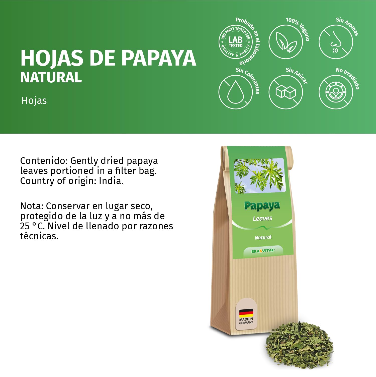 Papaya-Blätter und Papaya-Stängel luftgetrocknet und geschnitten ohne weitere Zusatzstoffe (500 g (1 er Pack))
