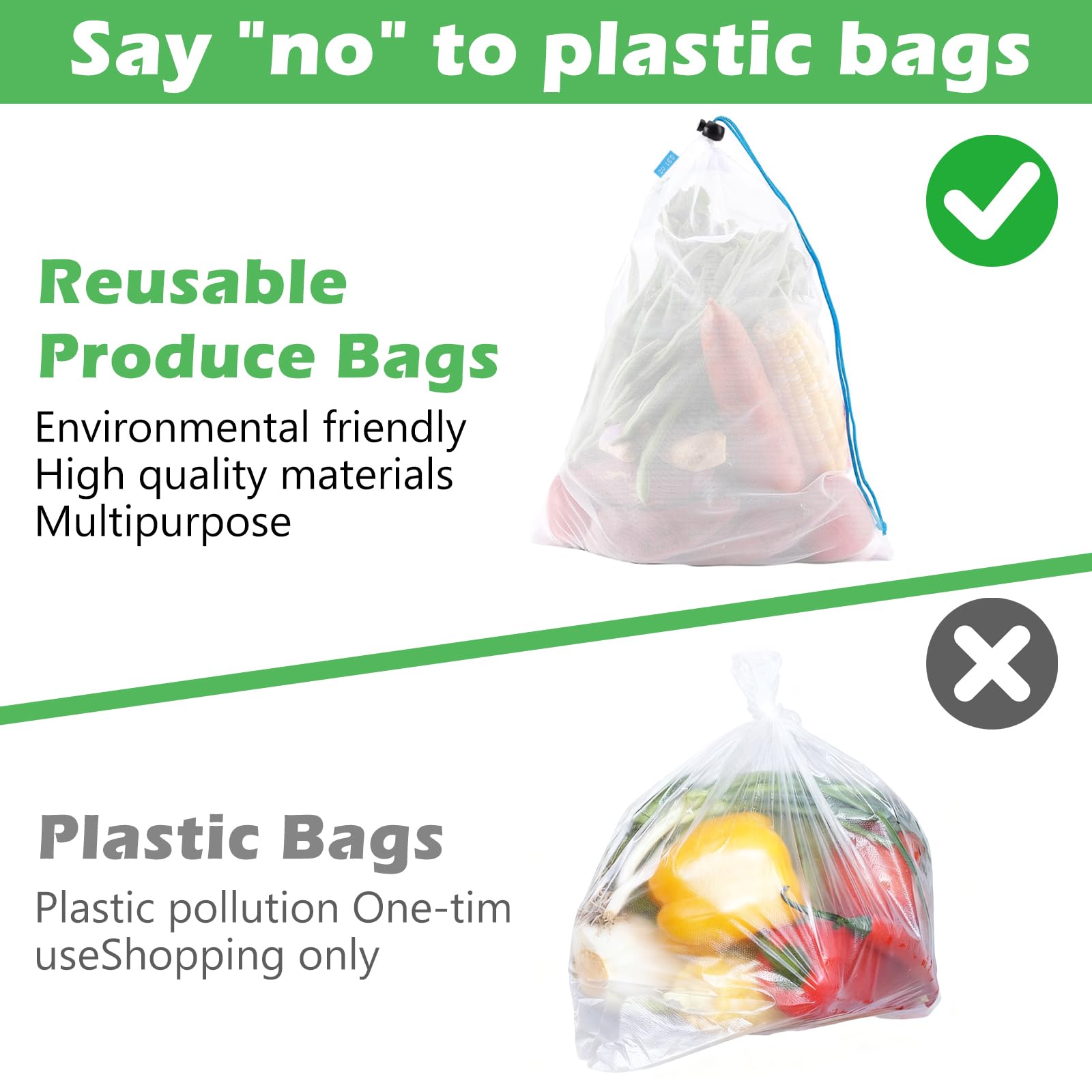 Sacs de Rangement réutilisables en Filet pour Fruits et Légumes avec Cordon de Serrage, 3 Tailles