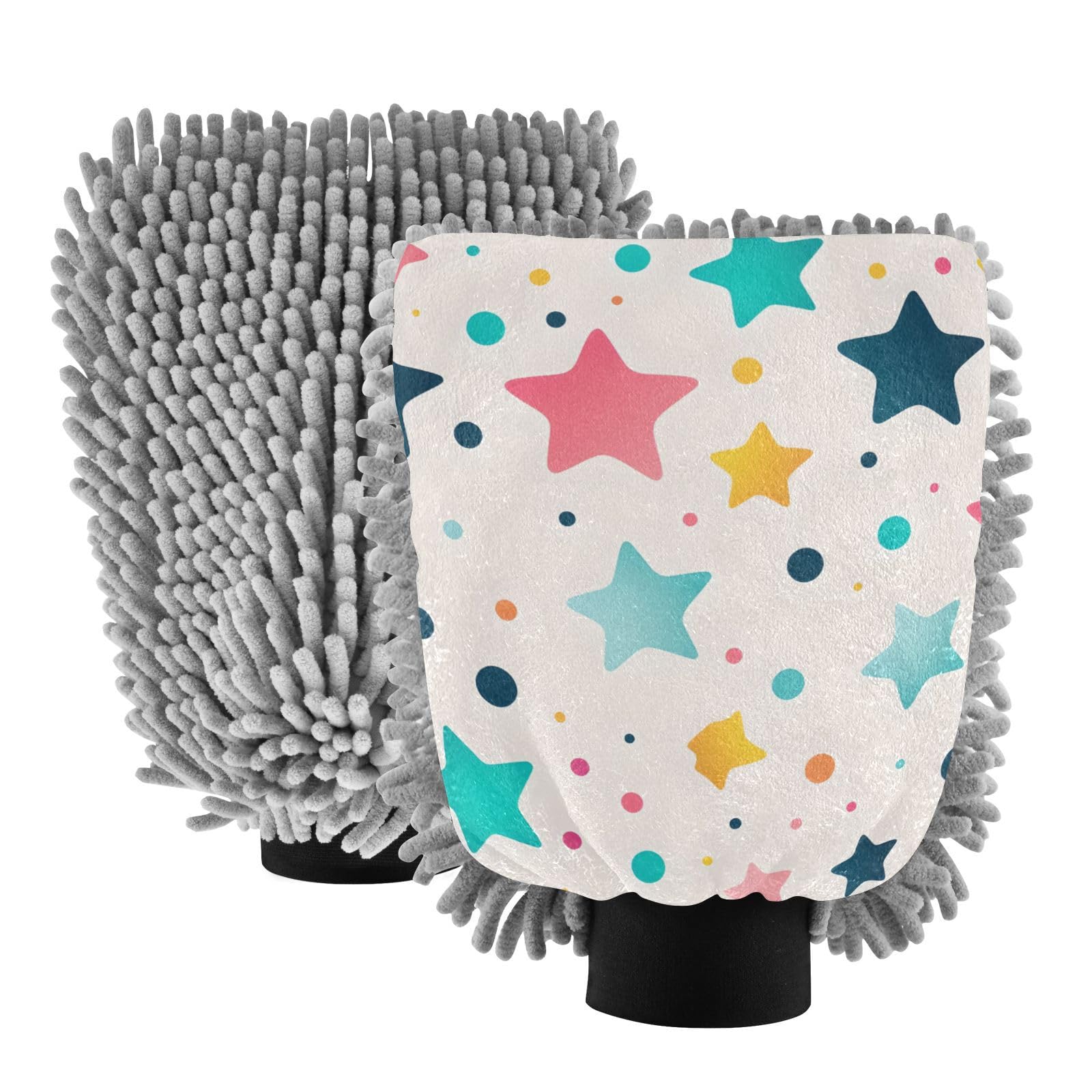 IOACIY Absorbent Microfiber Car Wash Drying Mitts, 2 Pack, Scratch-Free & Lint-Free, Rich Foam, Highly Absorbent, Double Sided, Wash Mitt Perfect for Car Washing, L, Cute Stars