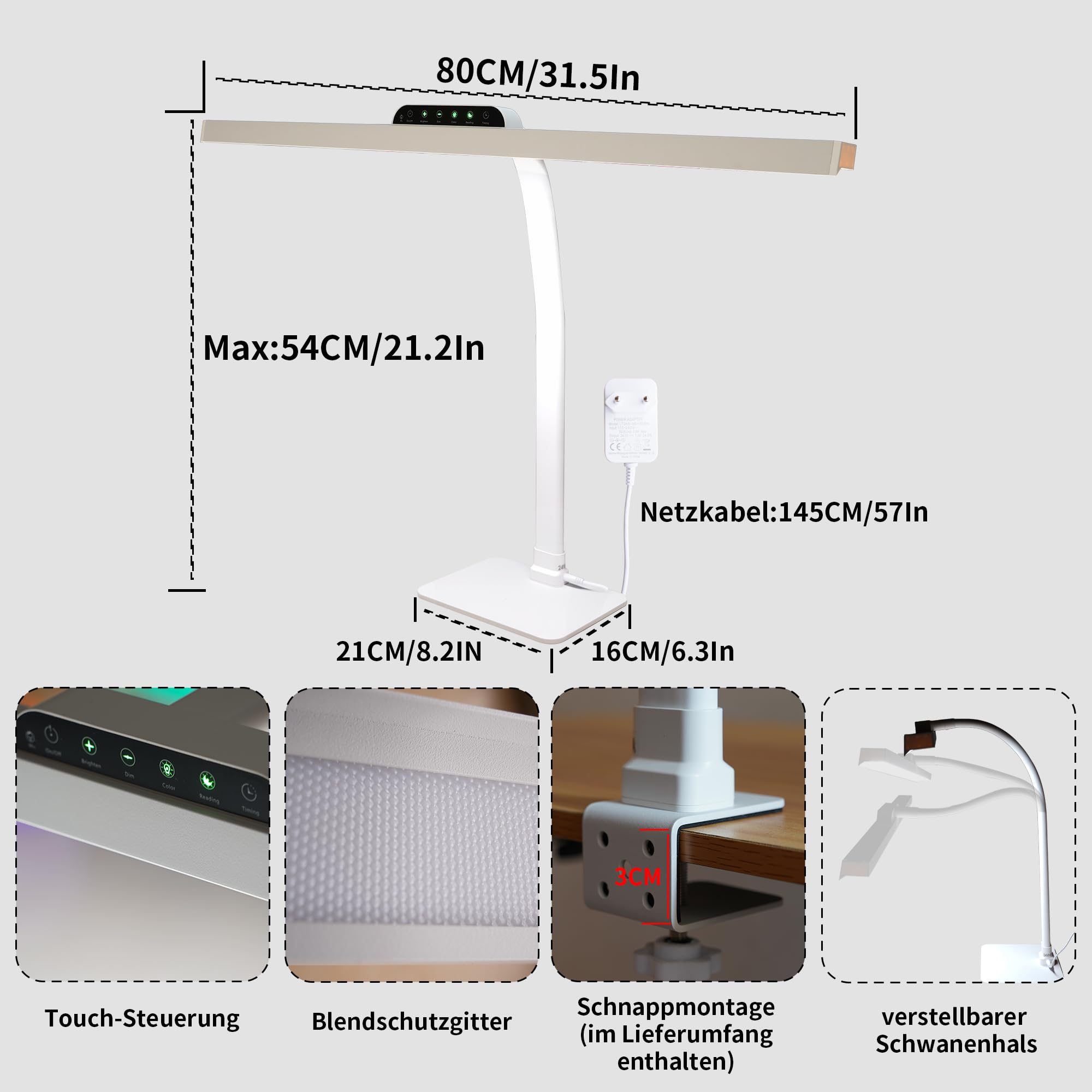 Schreibtischlampe LED Dimmbar,Enthält Sockel und Klemmbar,80CM 24W | Weiß, Touch-Bedienfeld, Verstellbarer Schwanenhals, Sprachsteuerung, Speicherfunktion, Timer-Funktion,für Büro,Lernen,Lesen