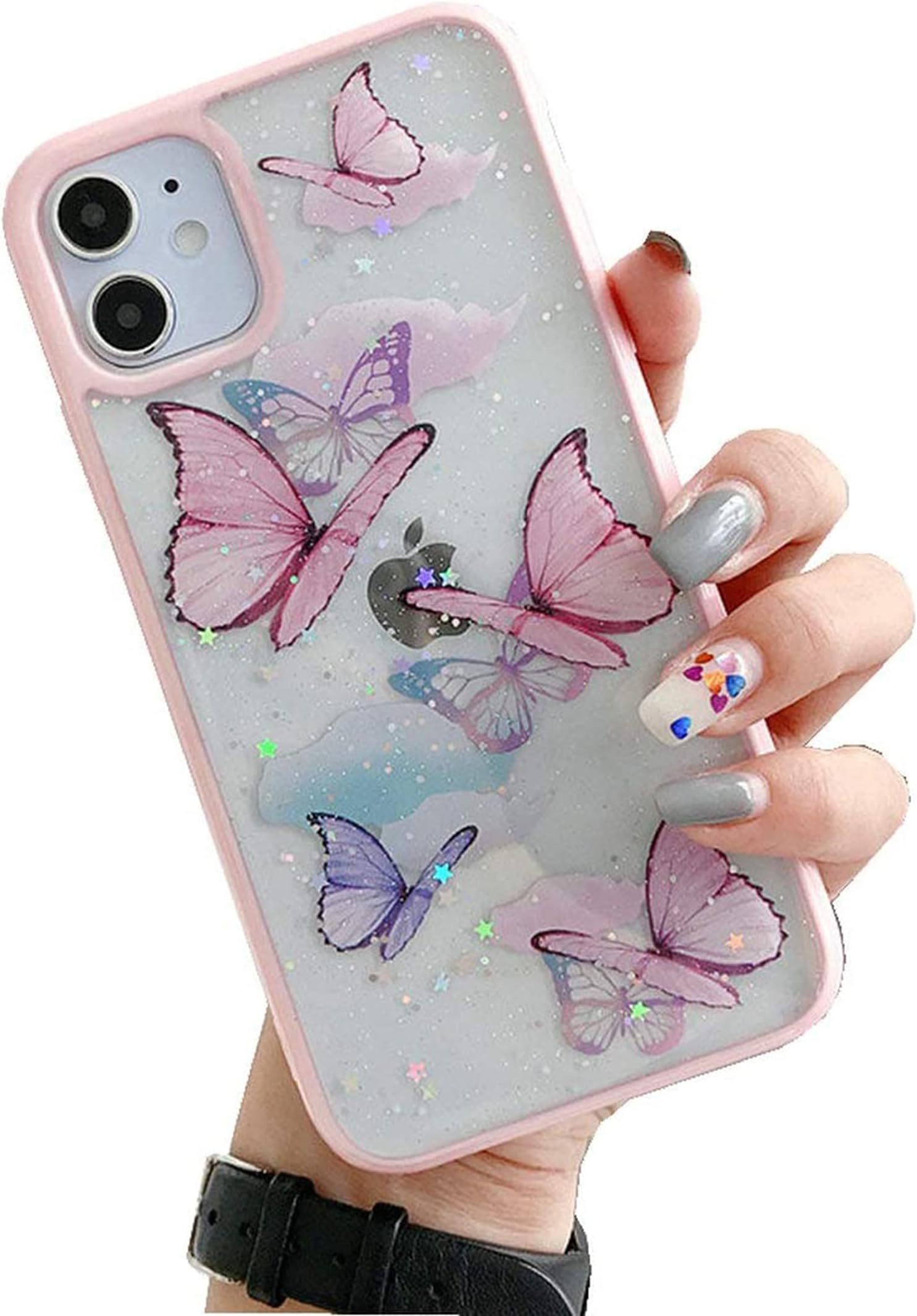 DELFINO Compatible with iPhone 12 Pro Max Butterfly Case, Cute Pretty Butterfly Glitter Shockproof Soft Silicone Clear Girls Women Cover Case Compatible with iPhone 12 Pro Max -Pink