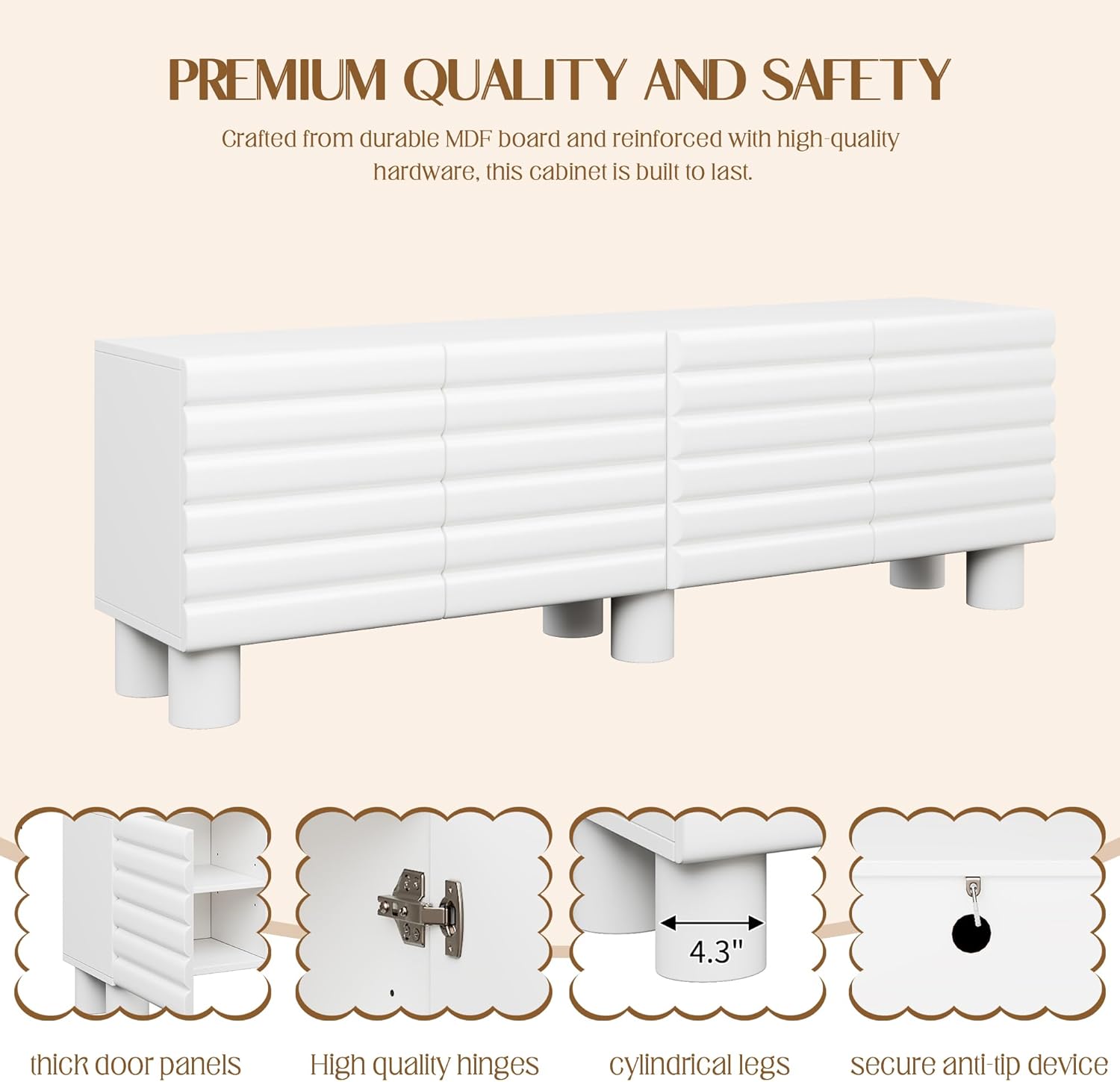 SOFTSEA Wavy Door TV Stand for TVs up to 75", Cream Style Console Table with 4 Storage Cabinets & Adjustable Shelves, Wood Entertainment Center with Cylindrical Legs for Living Room, White