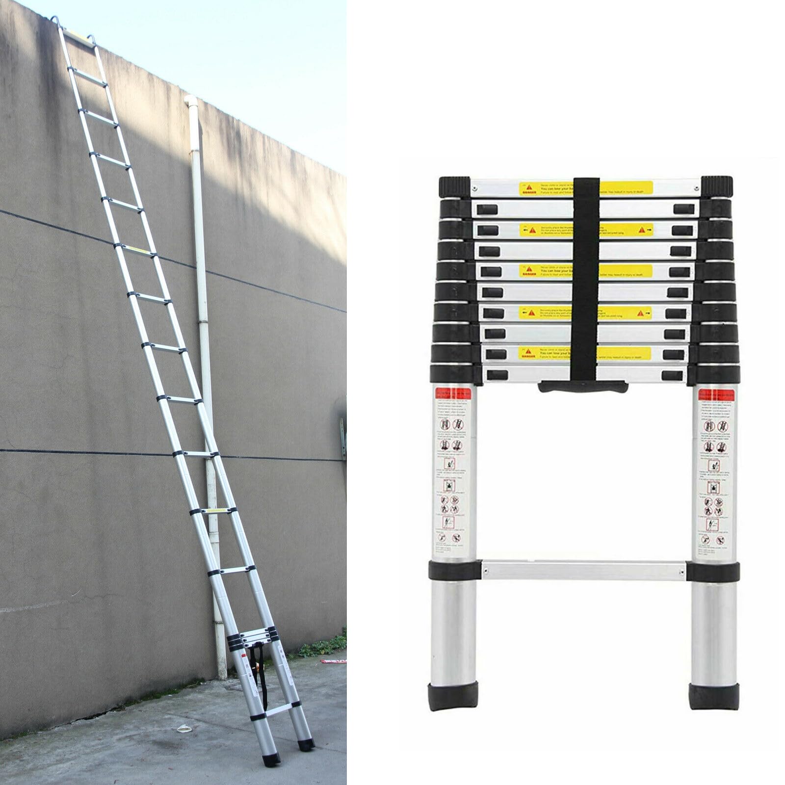 Escalera telescópica de aluminio de 2,6 m, antideslizante para el ático extensible, 9 peldaños y fácil de llevar, capacidad de carga de 150 kg