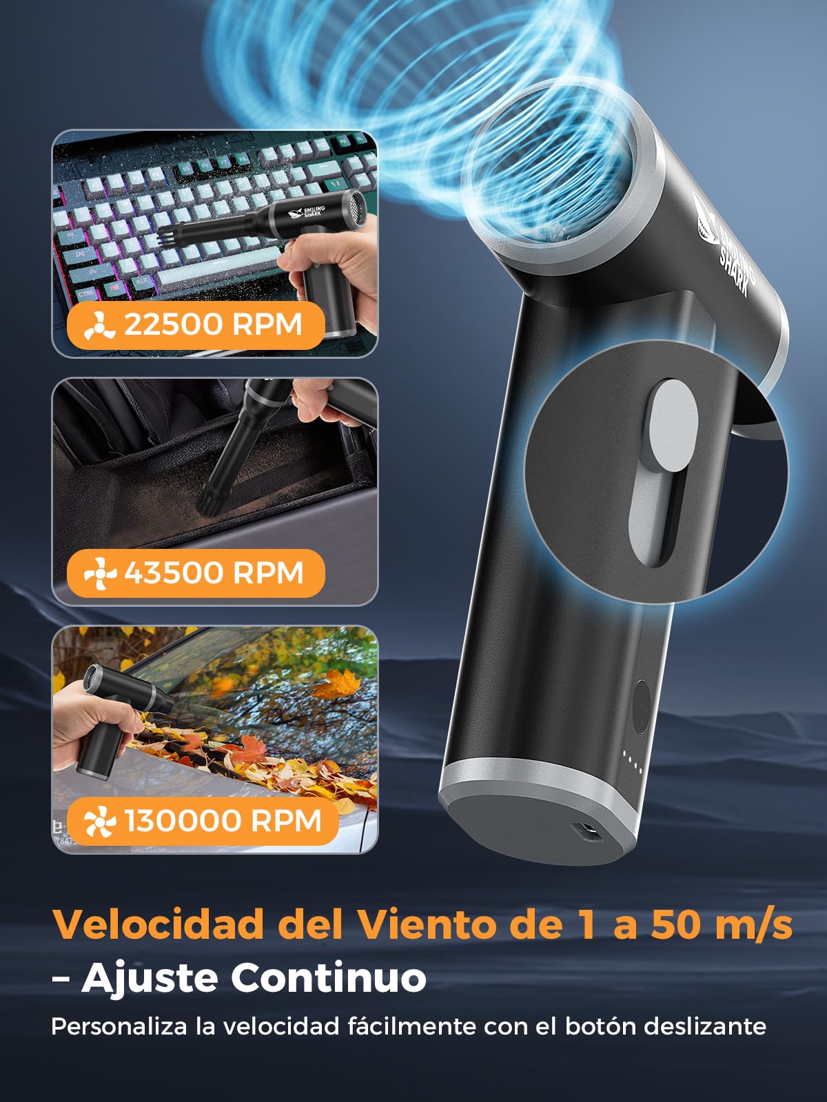 Smiling Shark Soplador de Polvo Eléctrico, J01 Motor Sin Escobillas de Aluminio 130000RPM Aire Comprimido Limpieza PC Sin Escalas de Velocidad, Turboventilador para Cooling/BBQ/Teclado/Coche, Negro