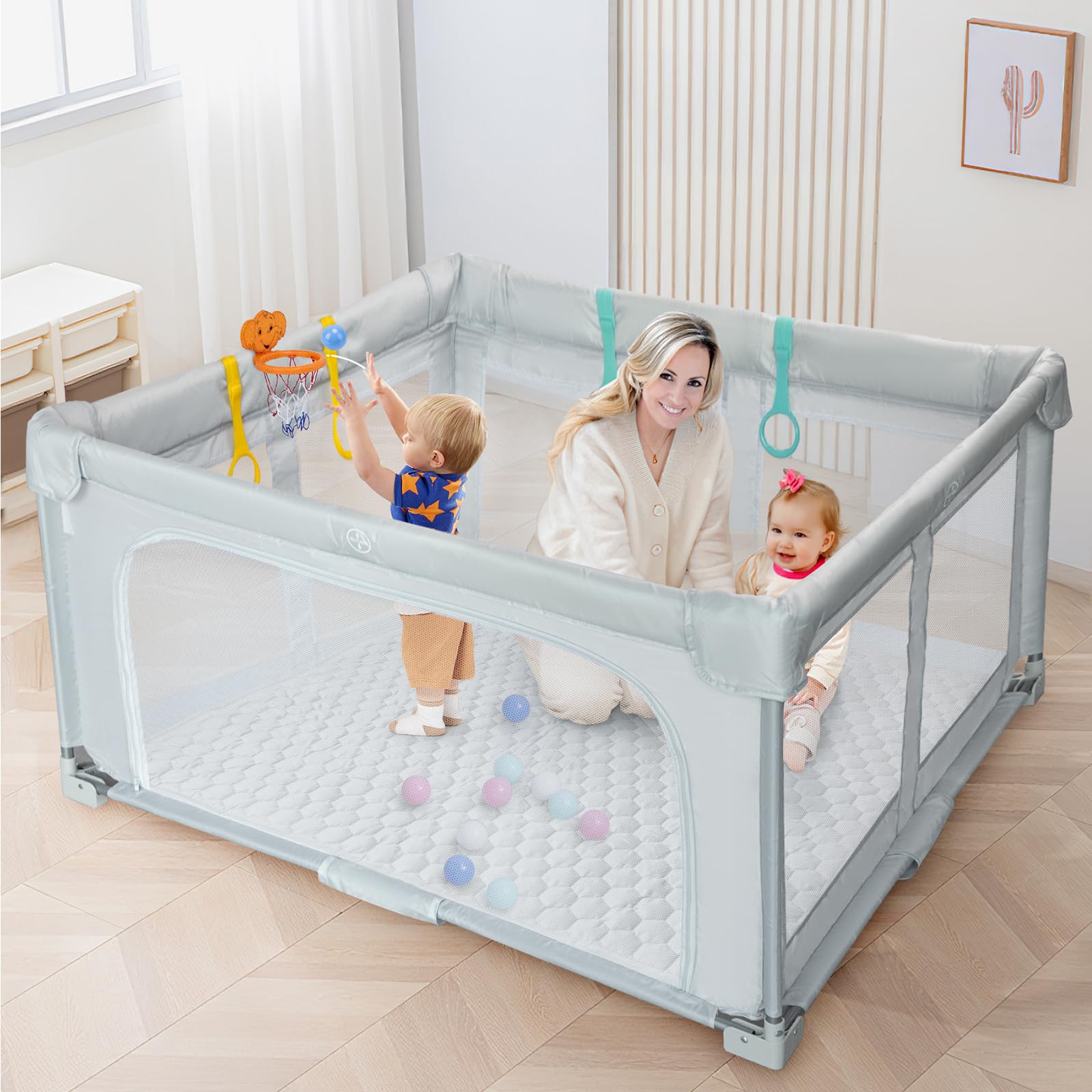 Jardín Plegable Bebé 127×127cm: Interior/Exterior – Bolsa, 20 Pelotas, 4 Anillos + Canasta, Colchoneta Espuma