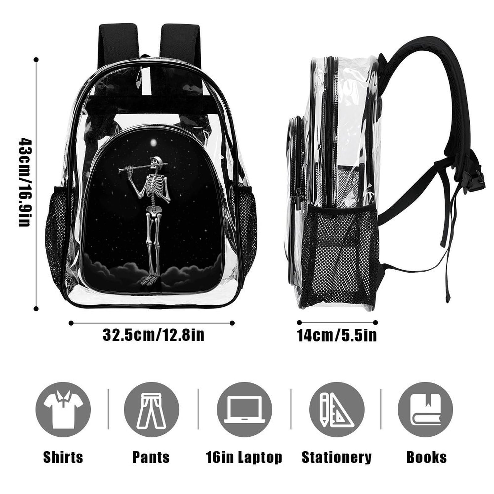 Transparenter Rucksack, Motiv: Skelett in der Nacht, groß, transparent, PVC, Büchertasche für Sicherheit, Arbeit, Reisen, Stadion