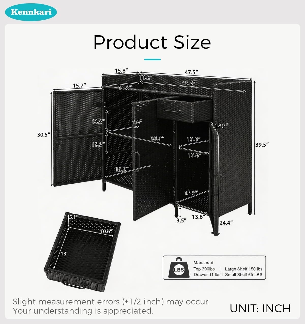 47.5" Weatherproof Outdoor Wicker Storage Cabinet with Tempered Glass Top for Patio, Rattan Bar Table with Doors and Drawer, Adjustable Shelves for Garden Poolside Tools and Cushions (Black Brown)